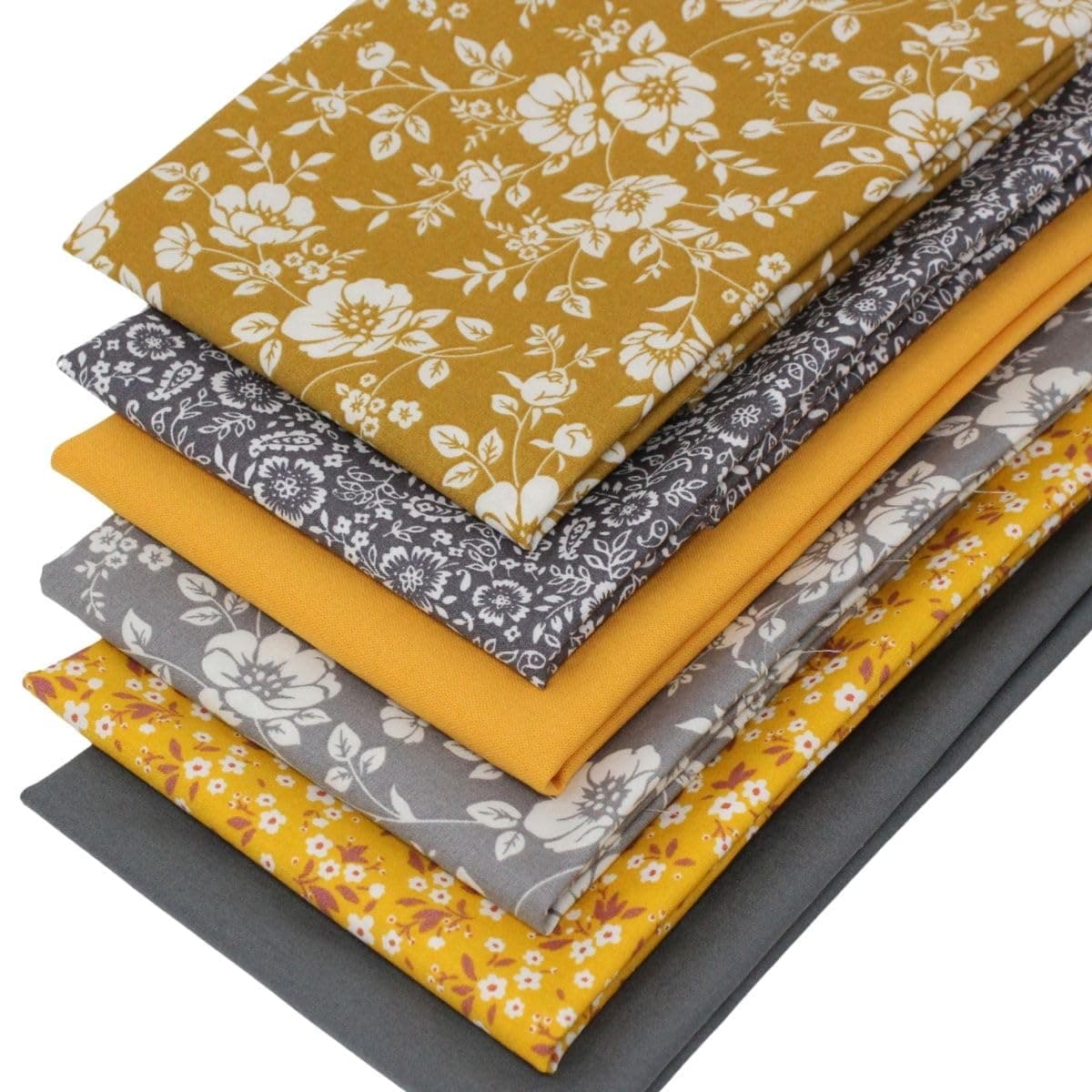 6 Fat Quarters Bundle - 'Mustard and Grey Flowers' Featuring Printed Flower Designs & Plain Solids. Ideal for Quilting and Crafting. 100% Cotton (includes a free patchwork pattern by Overdale Fabrics)