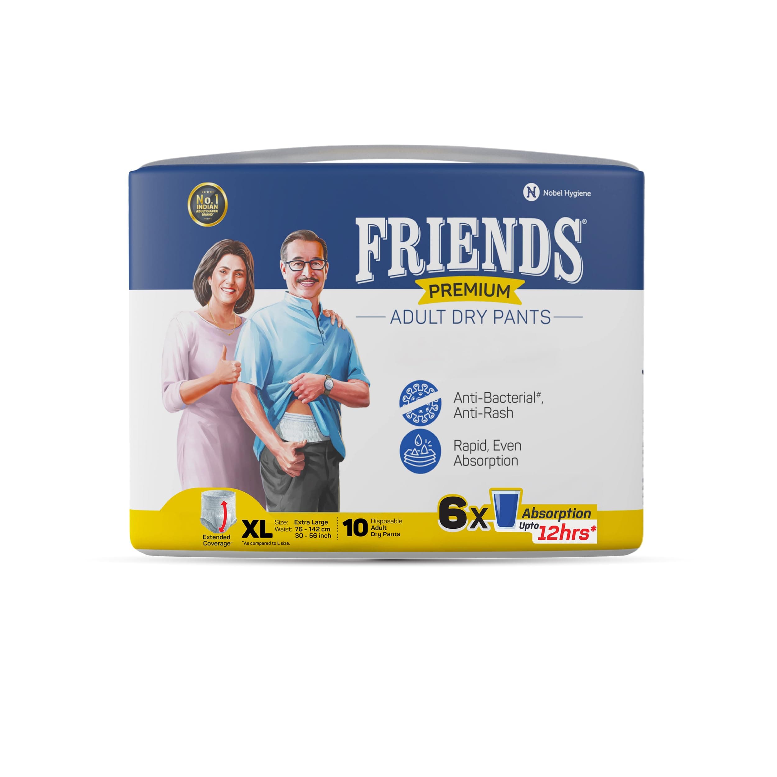 Friends Premium Adult Diaper XL Size Pants | 10 Count (Extra Large) | Waist 30-56 inch |12 Hrs Protection | Leakproof | Quick & Even Absorption | Unisex| Wetness Indicator | Odour Lock | Superior Softness | Elastic Waist & Anti-Bacterial Absorbent Core