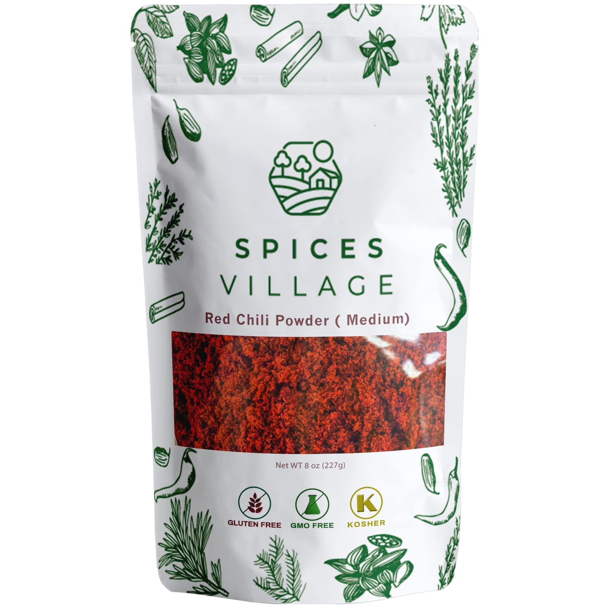 - Spices Village Red Chili Powder, Medium Hot Ground Red Peppers for Cooking, 8 oz, Kosher Certified, Indian Chili Seasoning, Gluten Free, Non GMO, Cayenne Pepper Powder, Resealable Bulk Bag