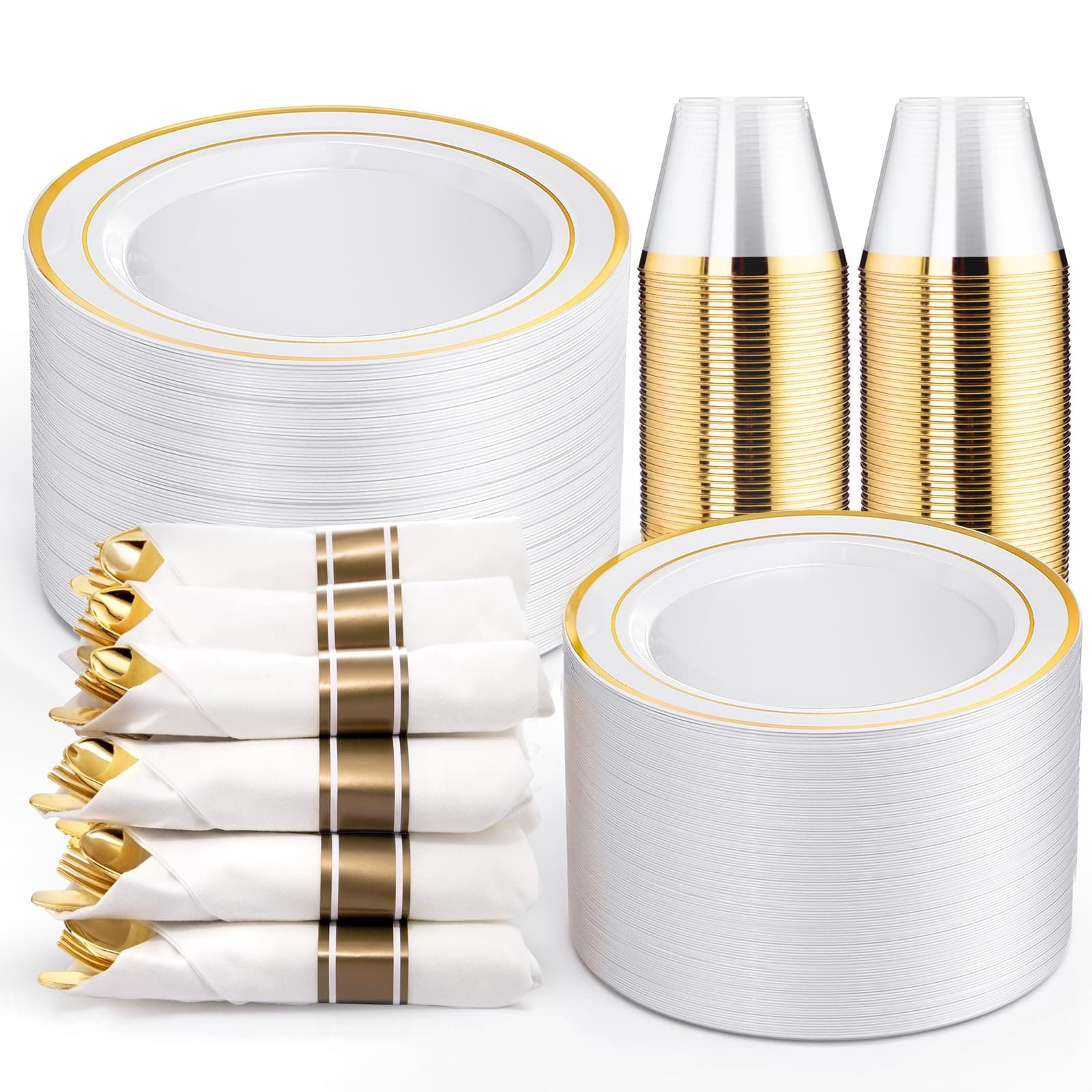 WELLIFE 350Pcs Gold Plastic Plates for 50 Guests - Plastic Dinnerware Set, Includes 100 Party Plates,150 Gold Silverware Disposable,50 Napkins,50 Cups,Disposable Plates for Party and Wedding