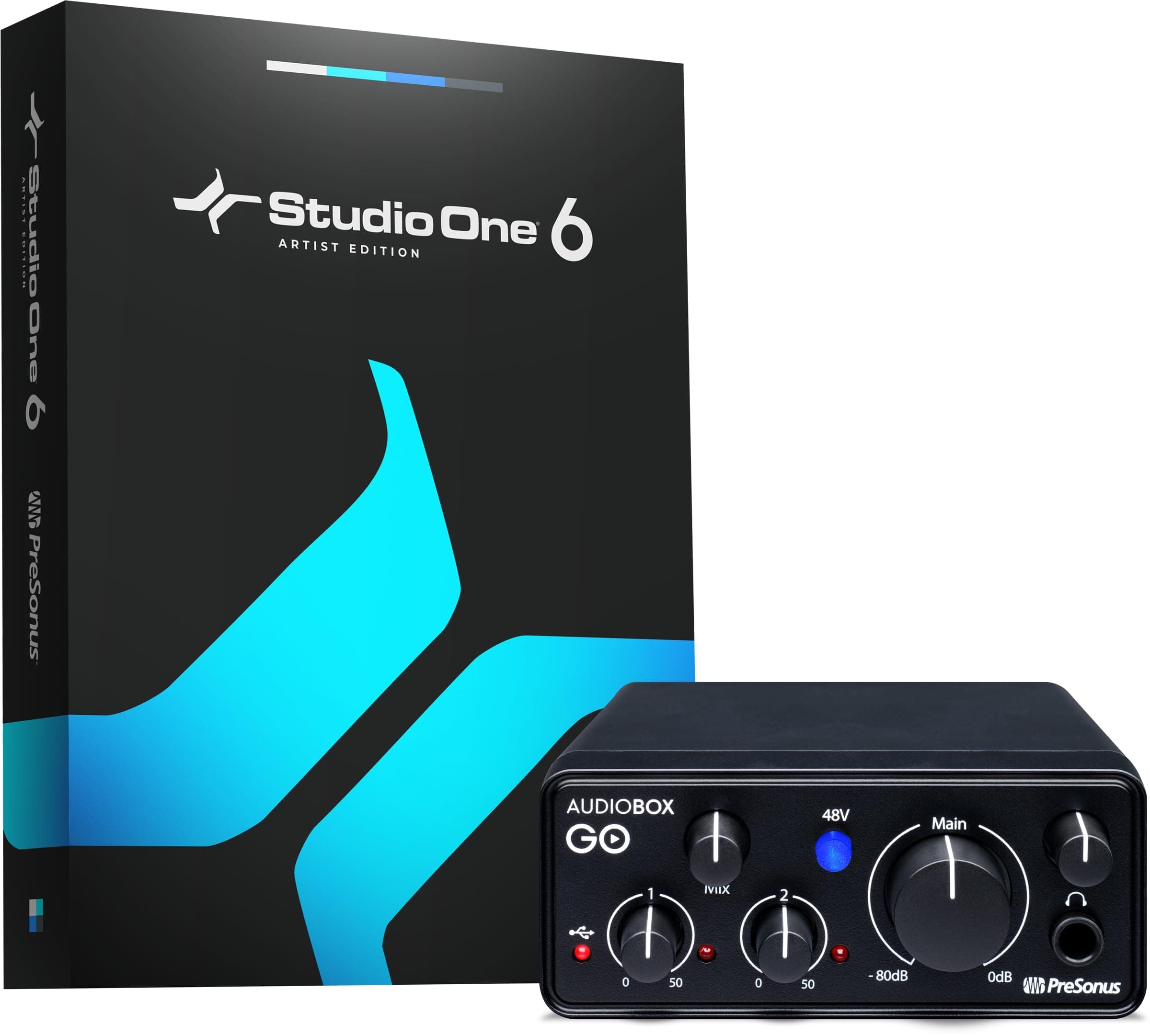 AudioBox GO 2x2 USB-C Audio Interface with XLR/Line Combo and Line Inputs, Stereo Outputs, Gain Controls, Phantom Power, and Included Recording Software