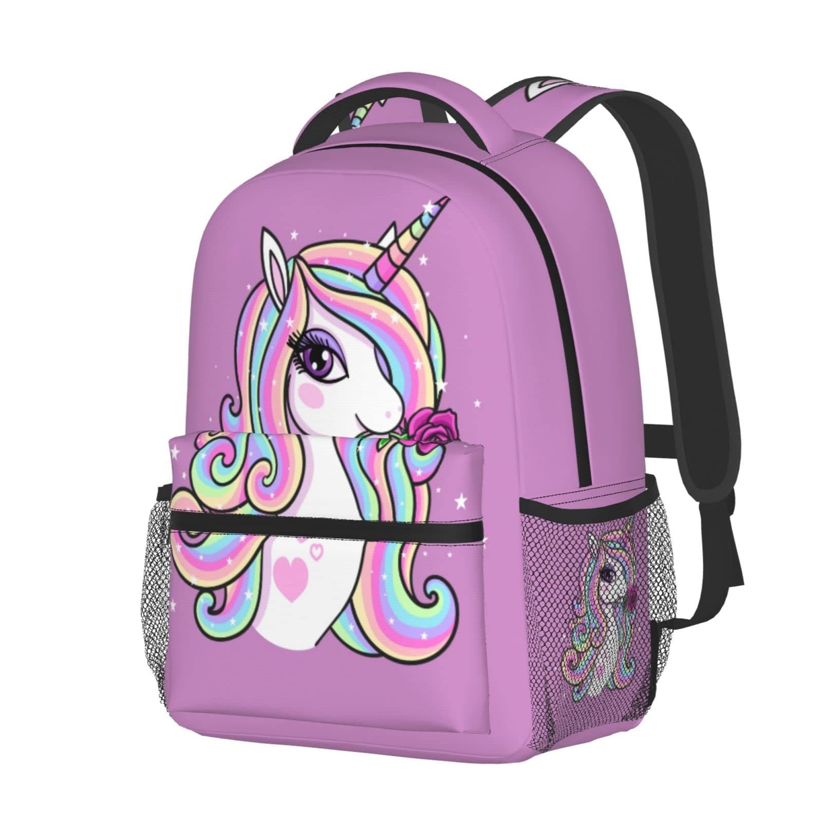 FeHuewGirls Rose Unicorn Backpacks Bookbag 16 Inch Shoulder Bag Daypack for 1-5th Grade School