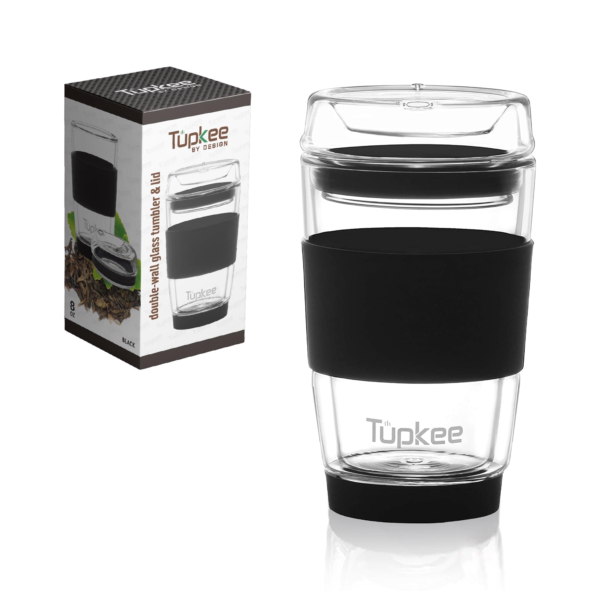 Double Wall Glass Tumbler - 8-Ounce, All Glass Hand Blown Reusable Insulated Tea/Coffee Mug & Lid, Travel Mug - Black