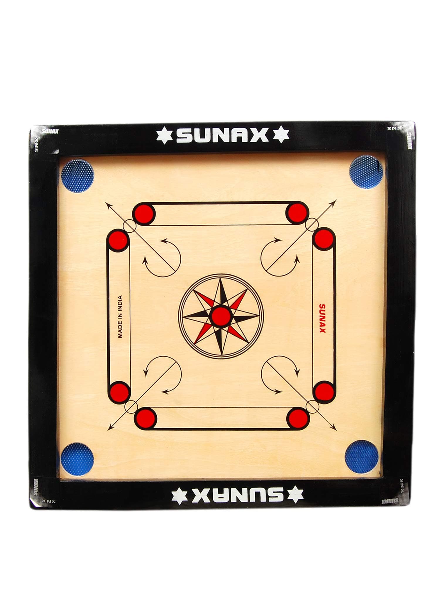 SUNAX SPORTS Wooden Round Pocket (4mm) Carrom with Glossy Finish/ Tournament Striker/ 2 Piece Carrom-Powder (40g)/ 1 SET Carrom-Coin (Brown, Small)