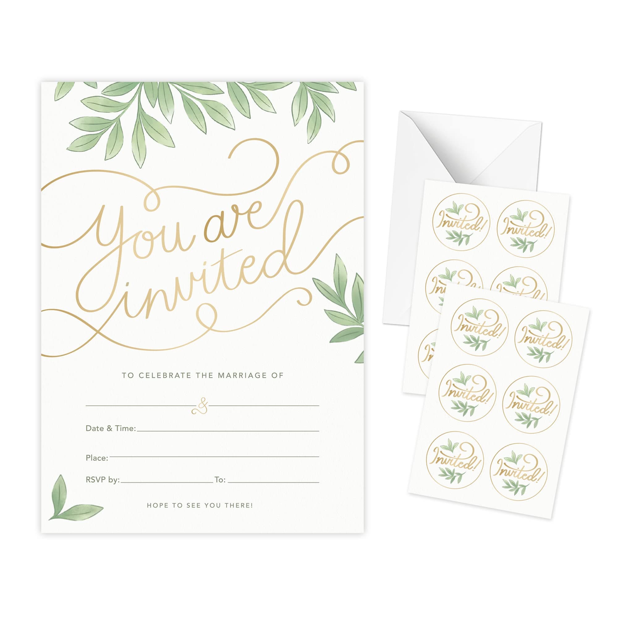 Rileys & Co 50 Pack Wedding Invitations with Envelopes, Bonus Stickers Included Invitation Cards, Gold Foil Print and Leaf Design, Wedding Invites 13x18 cm (5x7 Inches)