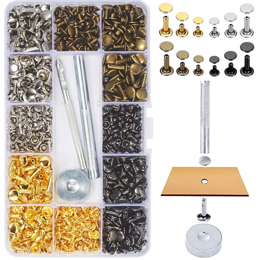 360 Sets Leather Rivets, Double Cap Rivets for Fabric, with Setting Tool Kit for Crafts Repairs/Clothing/Belts Strap