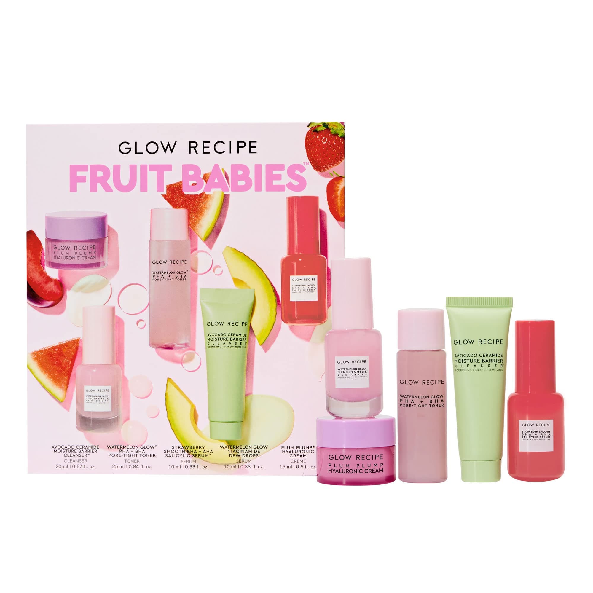 Fruit Babies Bestsellers Kit - Mini Travel Size Beauty Essentials - Avocado Foam Cleanser, Niacinamide Dew Drops Serum, Pore-Tight Toner, Salicylic Serum, Hyaluronic Acid Cream (5 Count)
