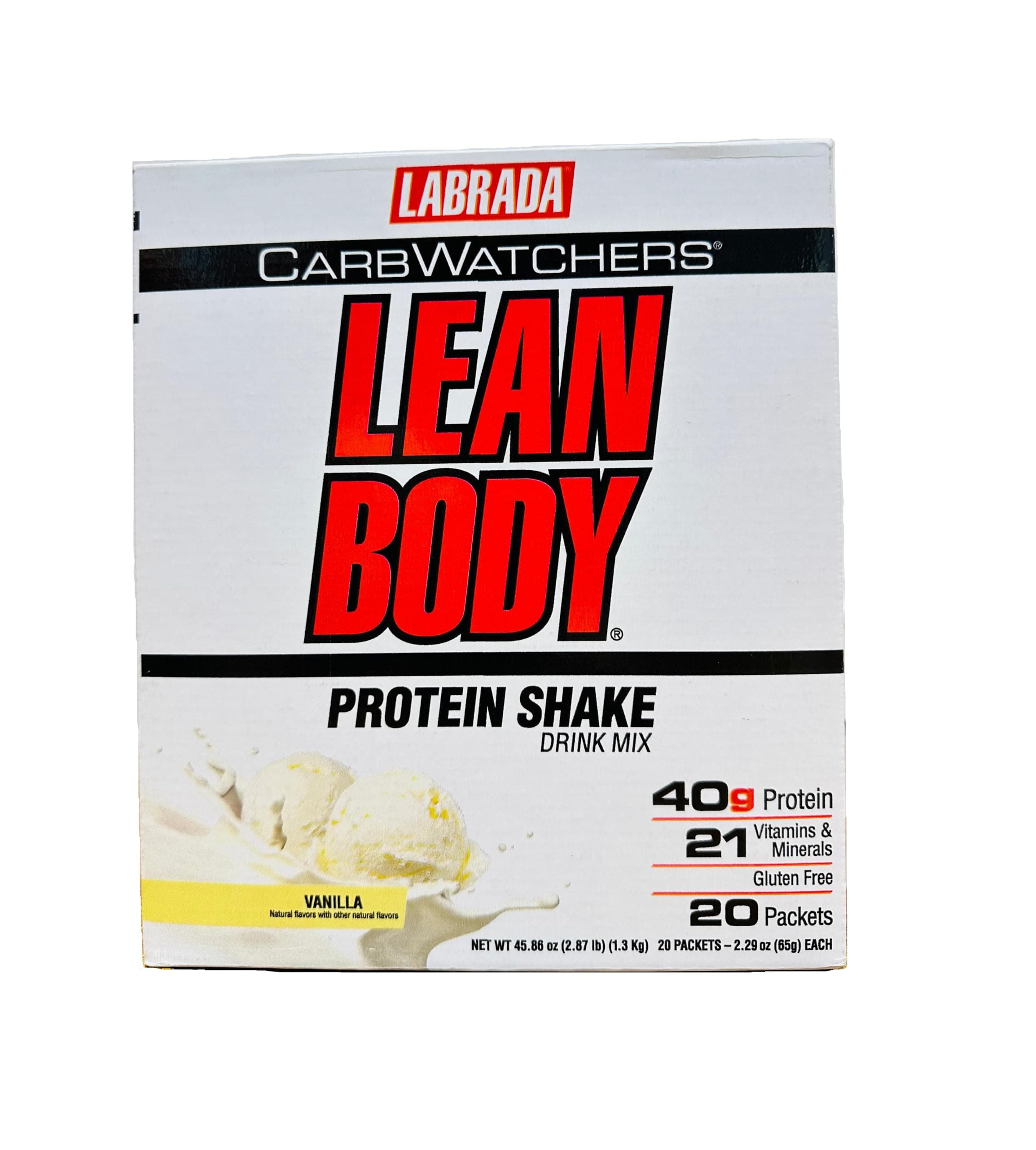 Labrada Nutrition Carb Watchers Lean Body Hi-Protein Meal Replacement Shake, Vanilla, 2.29-Oz. Packets (Pack of 20)