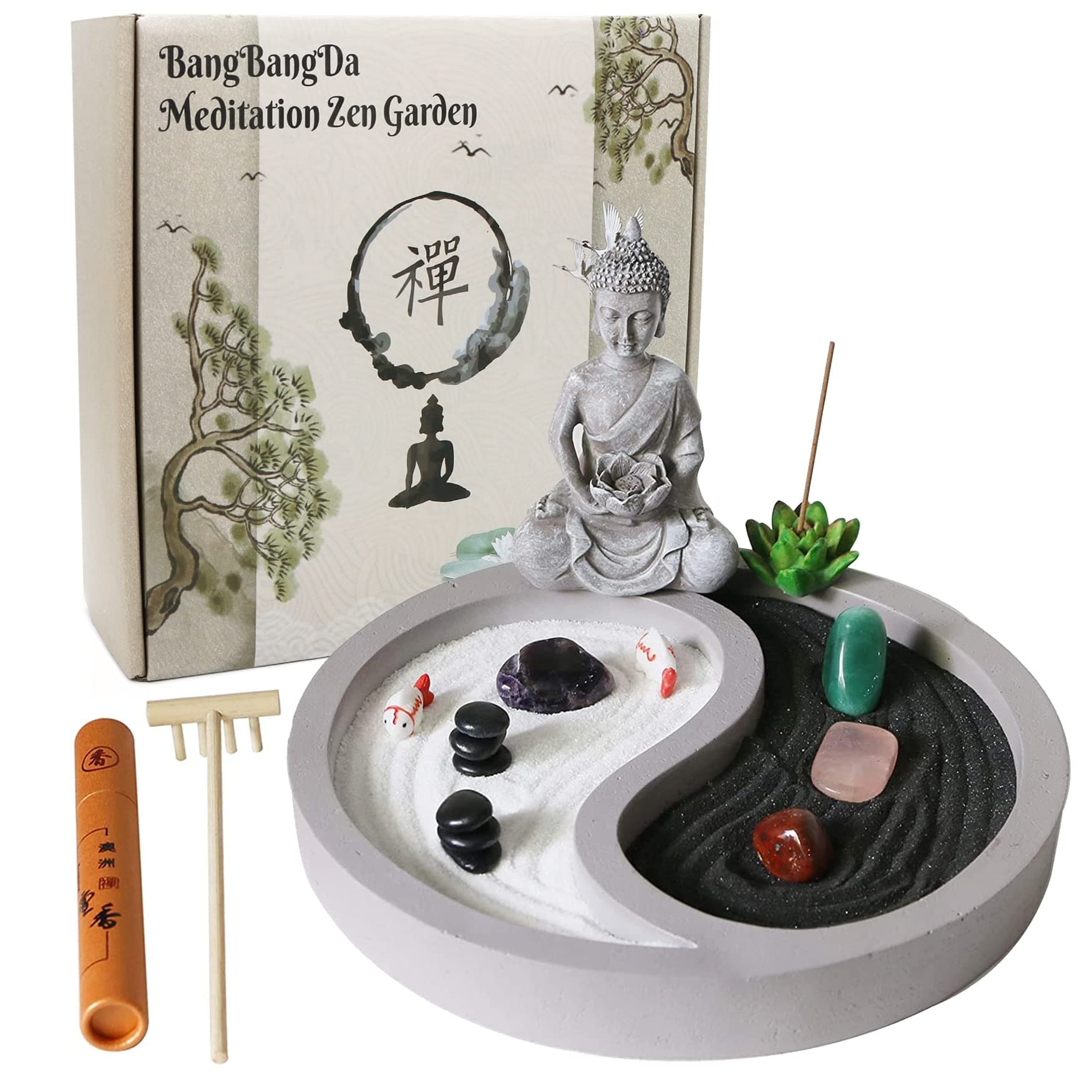 Mini Zen Kneeling Set - Yin Yang Crystal Sand Garden with Zen Rake Buddha Statue Healing Stones White Sand, Japanese Rock Garden Meditation Gift for Home Office Desktop
