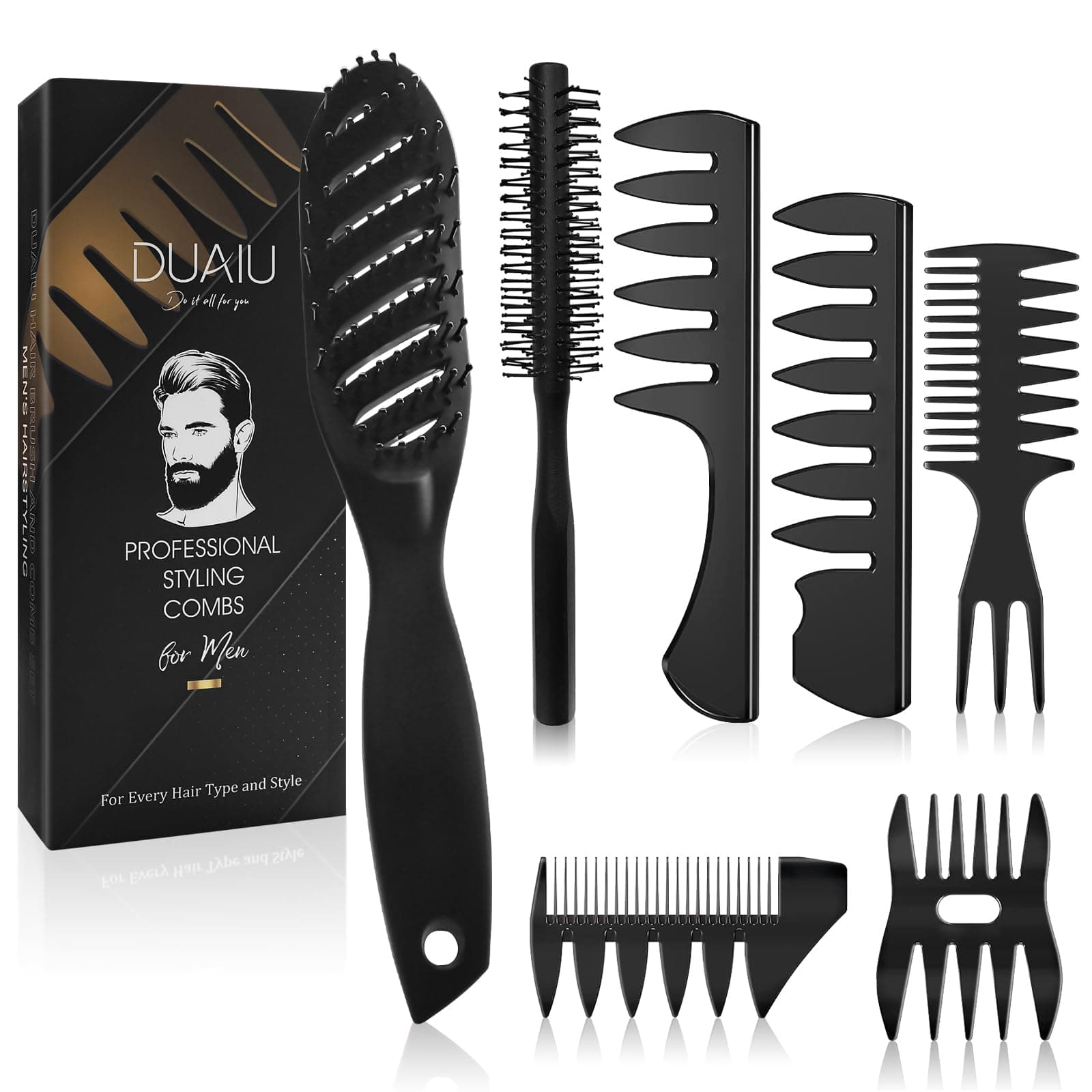 DUAIU Hair Brush for Men, 7Pcs Hair Styling Comb Set with Vent Hair Brush, Quiff Round Hair Brush, Wide Tooth Comb, Texture Comb for Blow Drying, Detangling, Grooming, Hairdressing