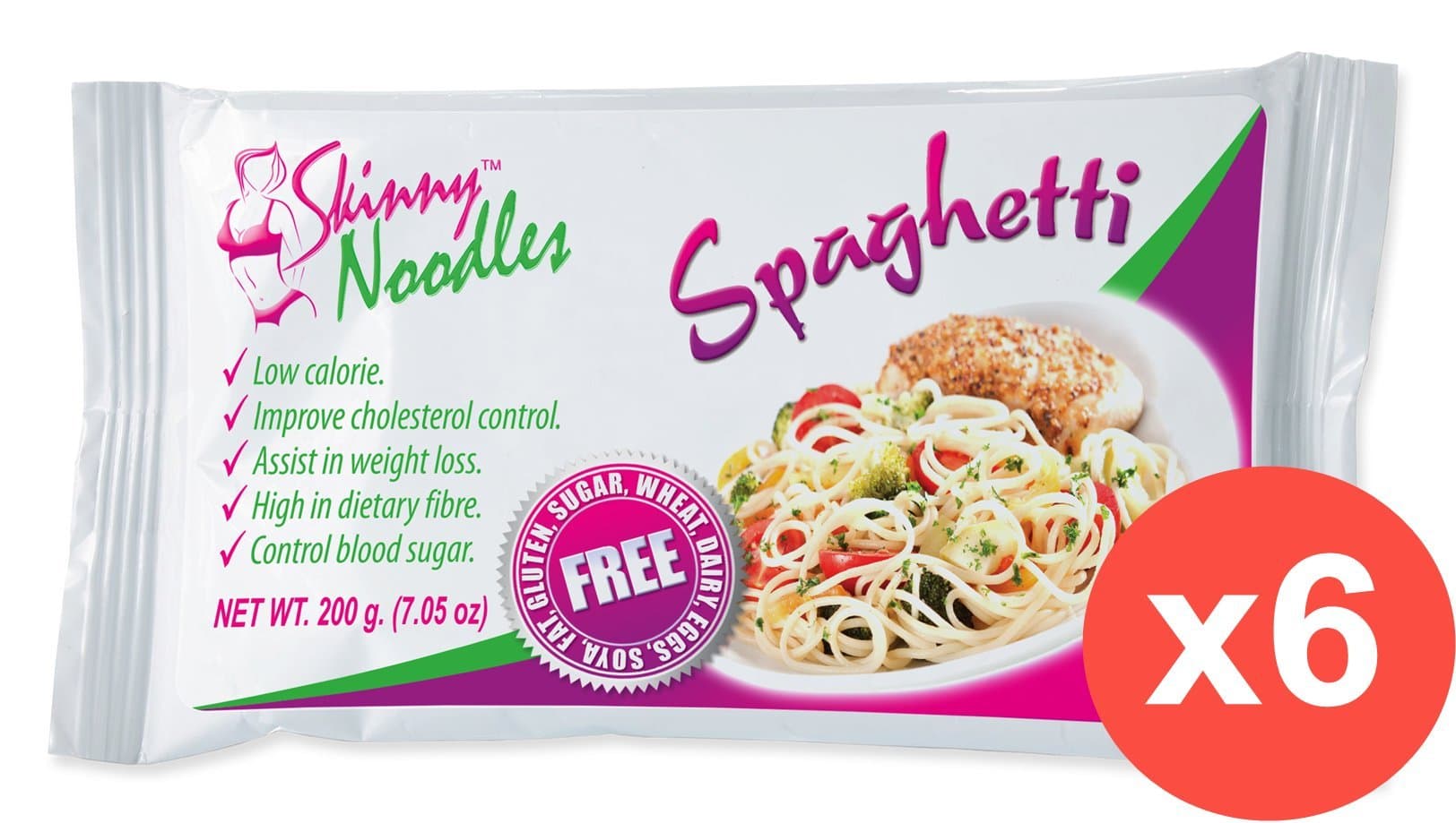 Pack of 6 Skinny Noodles Spaghetti 200g, Shirataki, Konjac, Slim, Low Carb