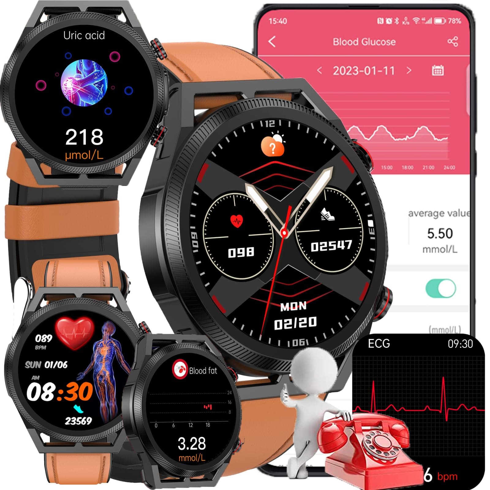Blood Glucose Smart Watch, ECG HRV Fitness Tracker with Heart Rate Blood Pressure Uric Acid Measurement, Blood Lipid Monitoring, 20 Sports Modes, Text & Call, for Men & Women,Brown