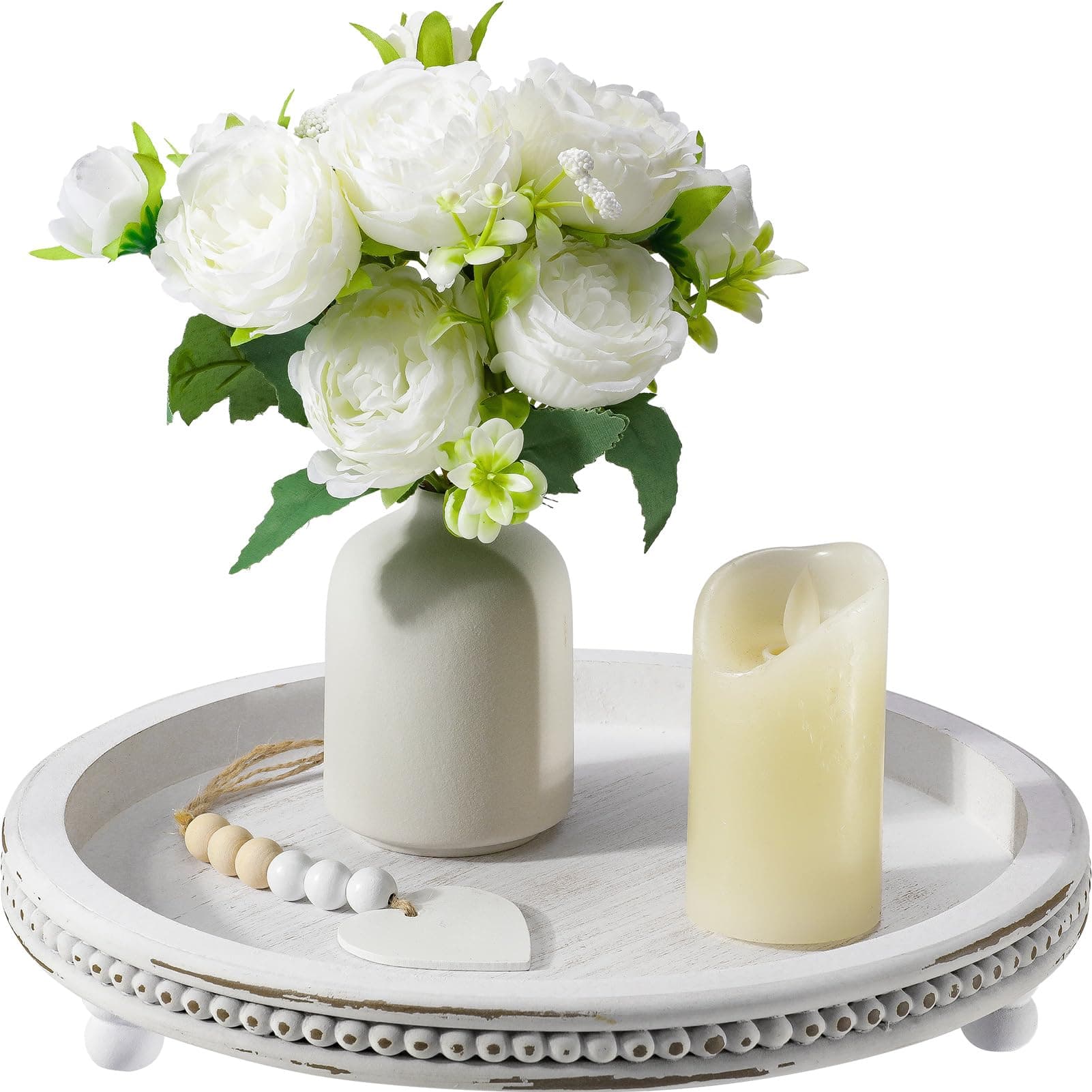 Handmade 12 Inch Decorative Tray, Small Beaded Tray Coffee Table Decor, White Washed Round Wooden Tray for Coffee Table, Dining Room Table Entryway and Living Room