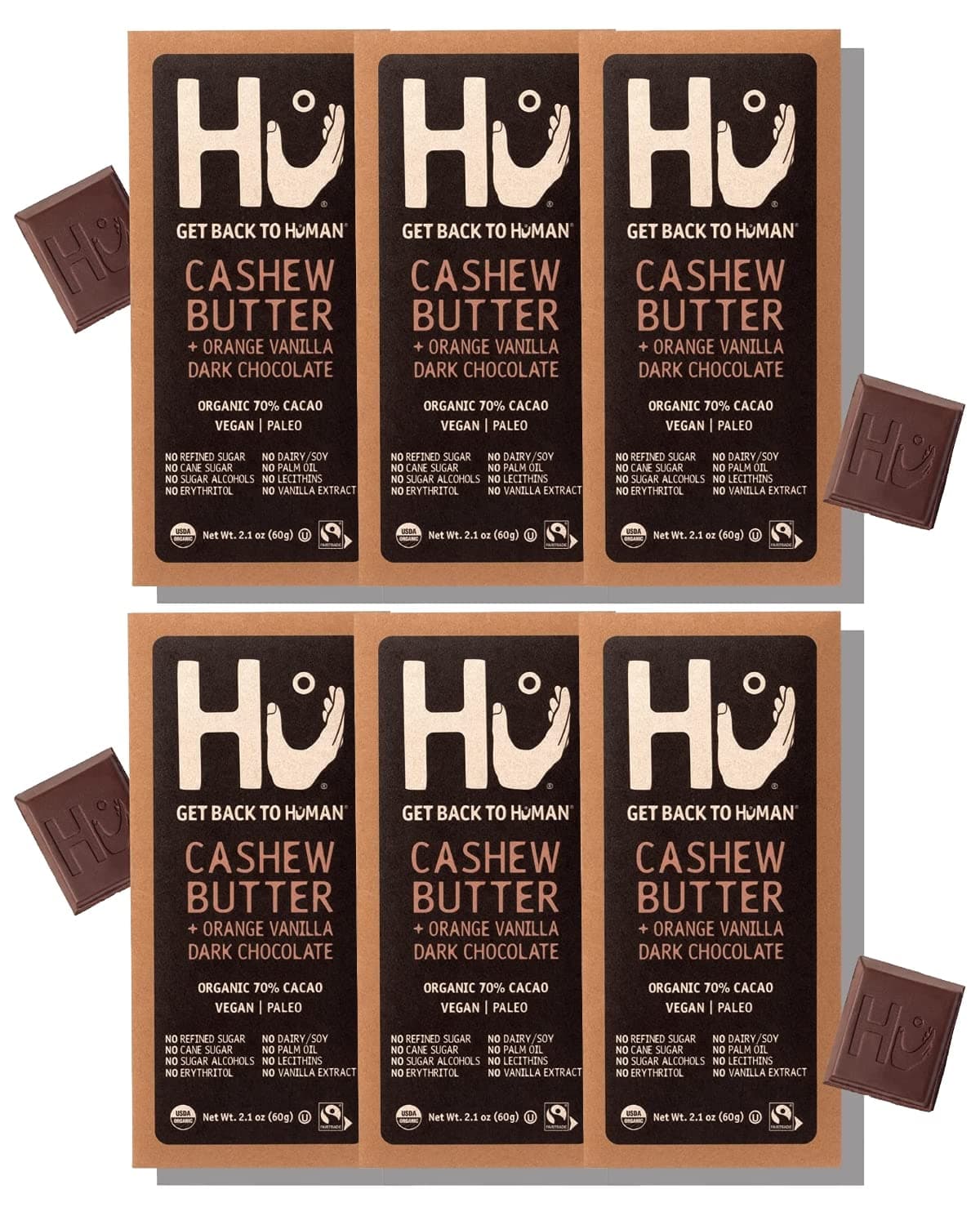 Hu Chocolate Bars | 6 Pack Cashew Butter & Orange Vanilla | Natural Organic Vegan, Gluten Free, Paleo, Non GMO, Fair Trade Dark Chocolate | 2.1oz Each