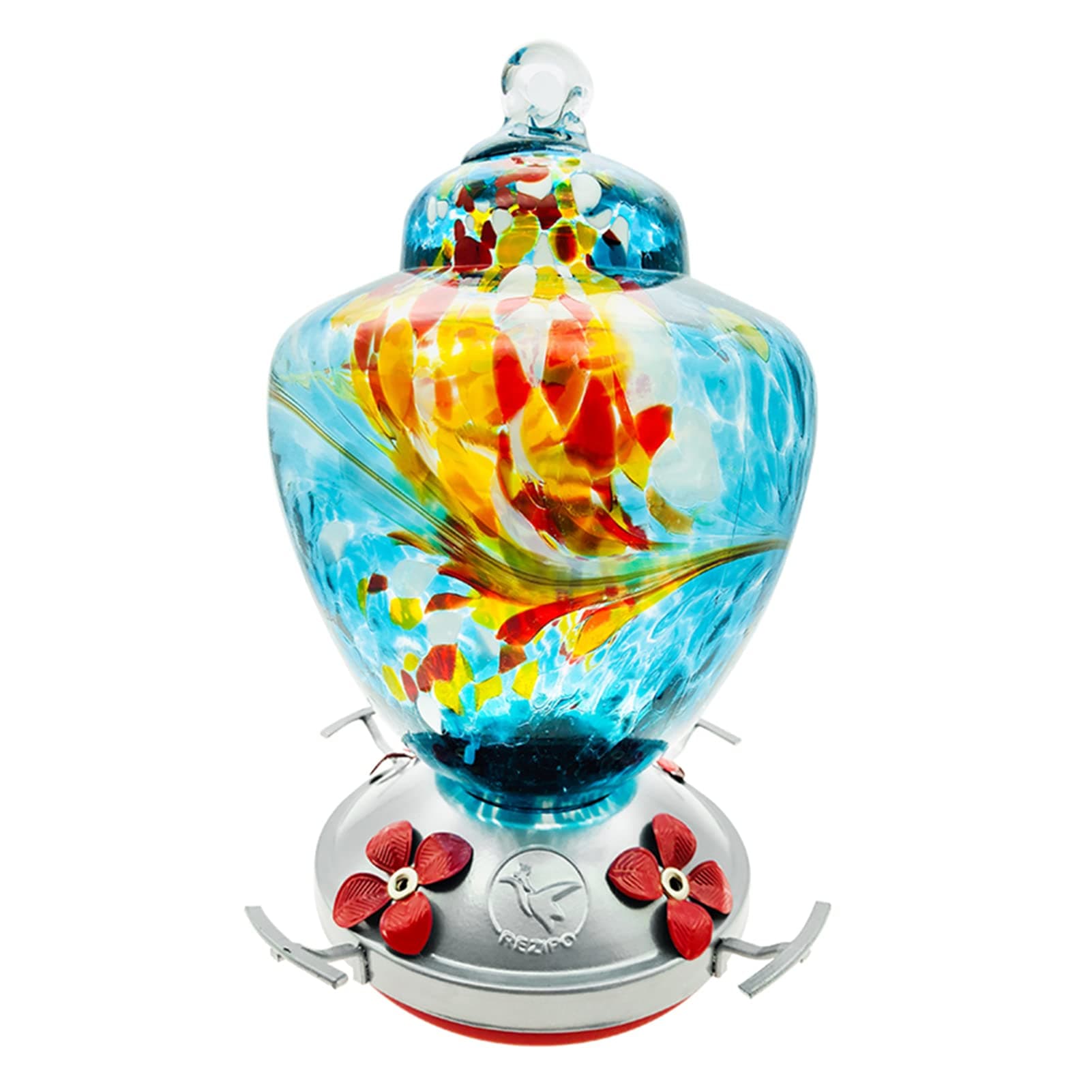 REZIPO Hummingbird Feeder with Perch - Hand Blown Glass - Blue - 37 Fluid Ounces Hummingbird Nectar Capacity Include Hanging Wires and Moat Hook