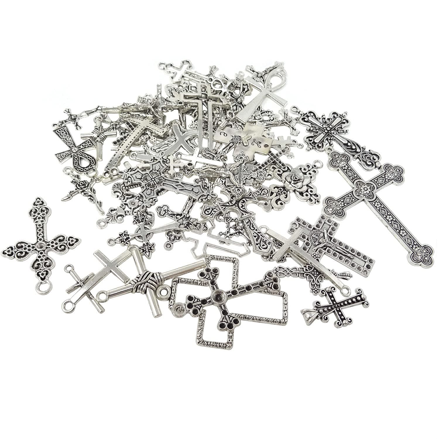 Honbay 70PCS Metal Mixed Cross Charms Pendant Antique Silver Plated Jesus Christ Cross Jewelry Findings for DIY Necklace Earring Bracelet Keychain Craft Making (70 Styles)