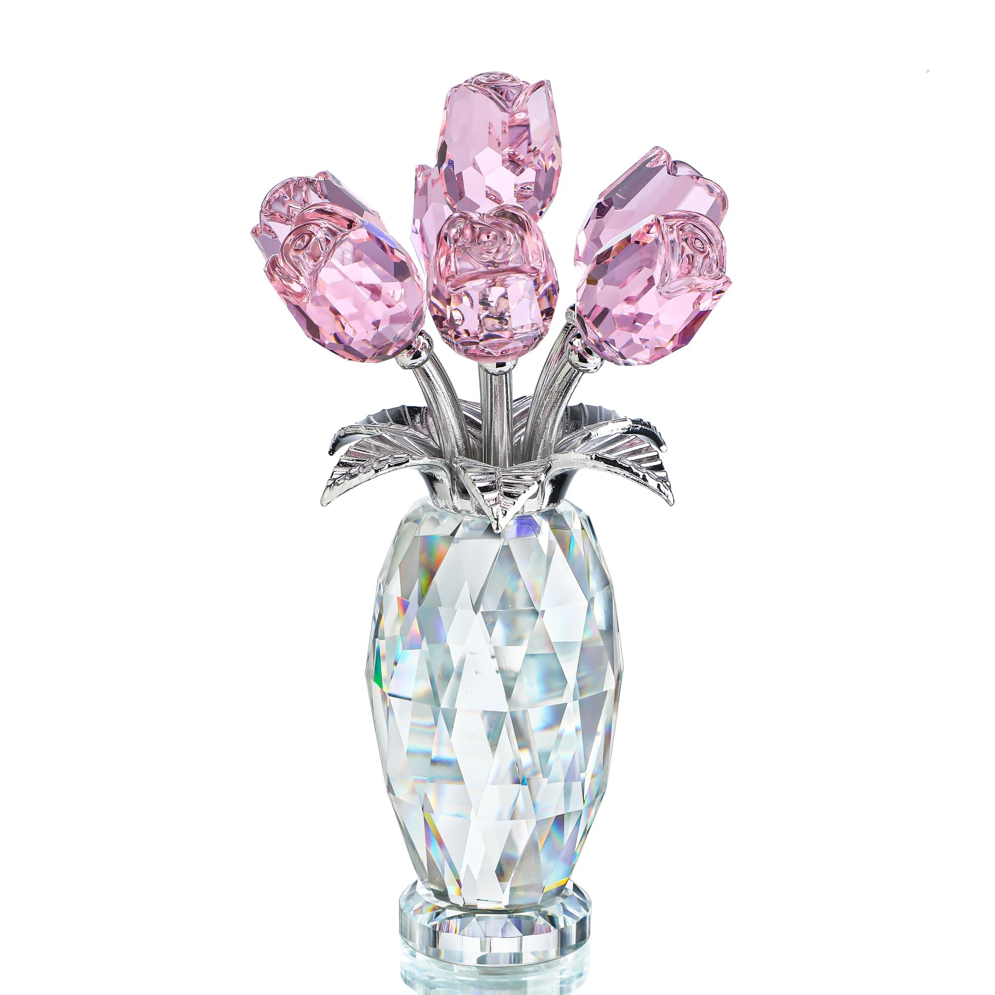 H&D HYALINE & DORA Pink Crystal Rose Bouquet Figurine,Handmade Rose Flower Gifts for Mom Gifts for Women,Glass Flower Collectible Ornament Home Table Wedding Decor