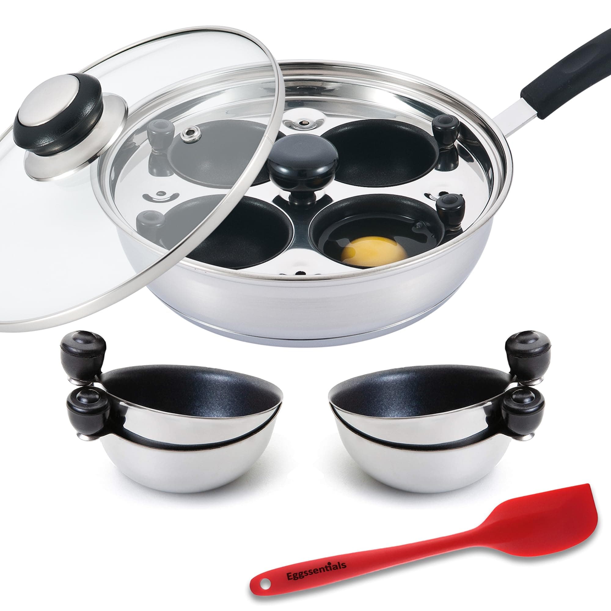 Eggssentials Poached Egg Maker - With 4 Extra Nonstick Egg Poaching Cups - Stainless Steel Egg Poacher Pan Food Grade Safe PFOA Free with Bonus Spatula