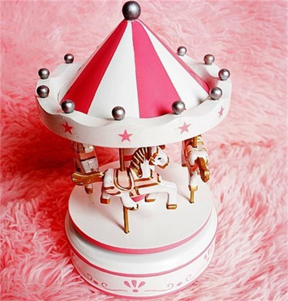 XmaSmile Carousel Music Box Wooden 4 Horses Rotating Music Box Birthday Valentine's Christmas Gifts (#3)