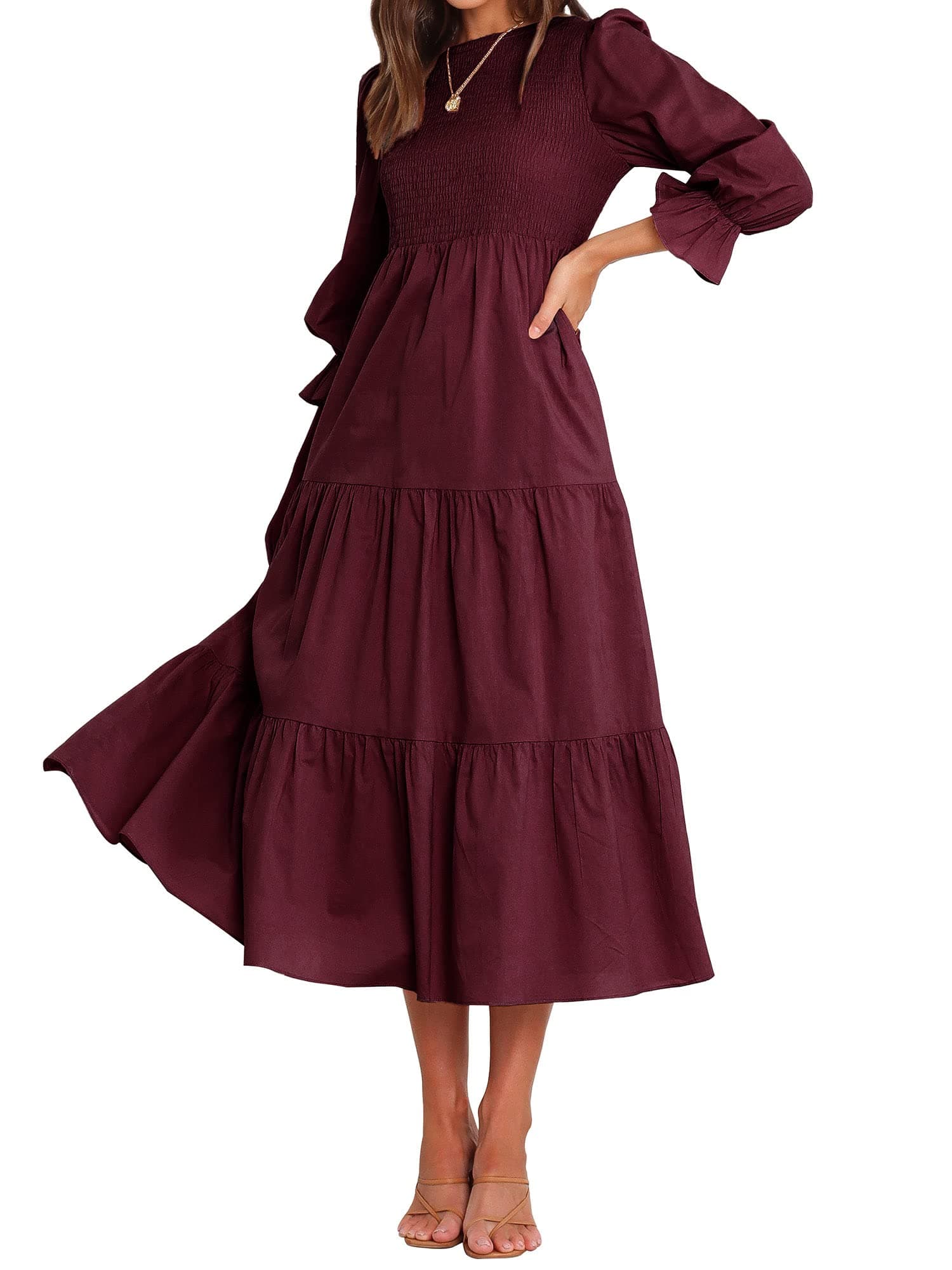 Women Casual Long Sleeve Crew Neck Fall Dress Bohemian Relaxed Fit Floral Flowy Maxi Dresses Tiered Cocktail Dress