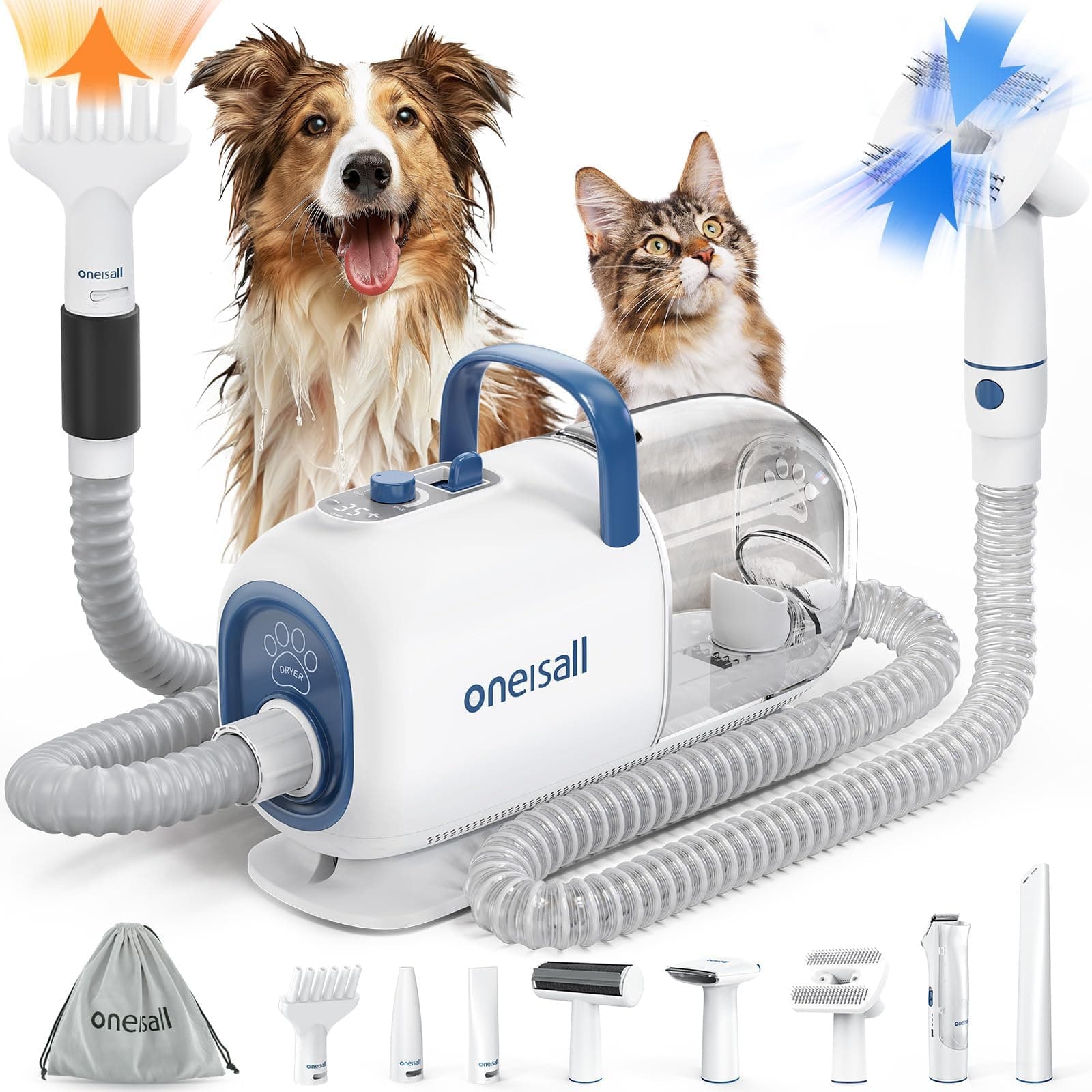 oneisall Dog Vacuum & Dryer for Shedding Grooming, 8 in 1 Dog Grooming Kit with Metal Blade Pet Clippers, Adjustable Speed and Temperature Control Blower