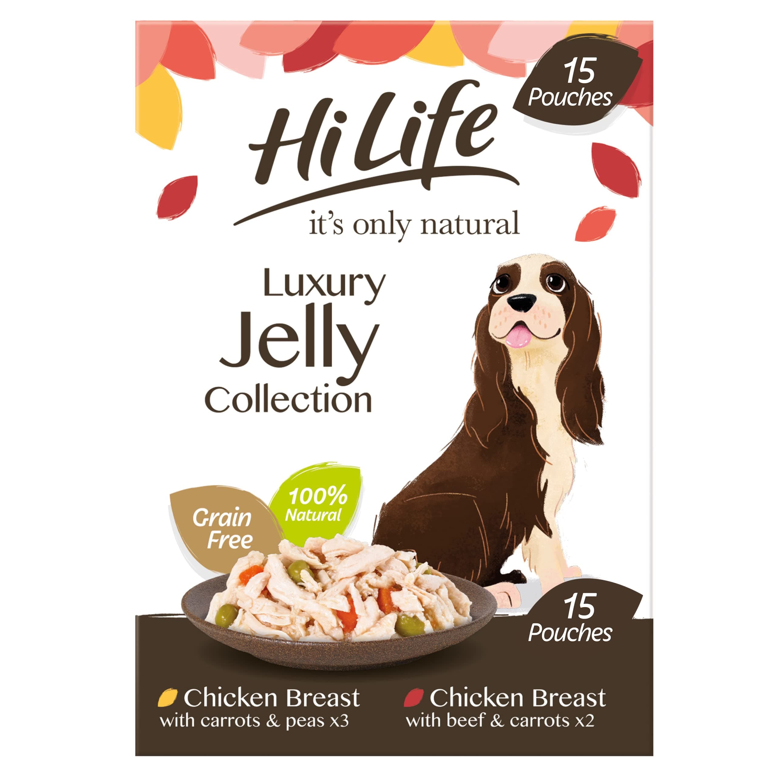 HILIFE it's only natural - Wet Dog Food - The Luxury Jelly Collection - Chicken Breast, Beef, Carrots, Peas - 100% Natural Grain Free, 15 Pouches x 100g