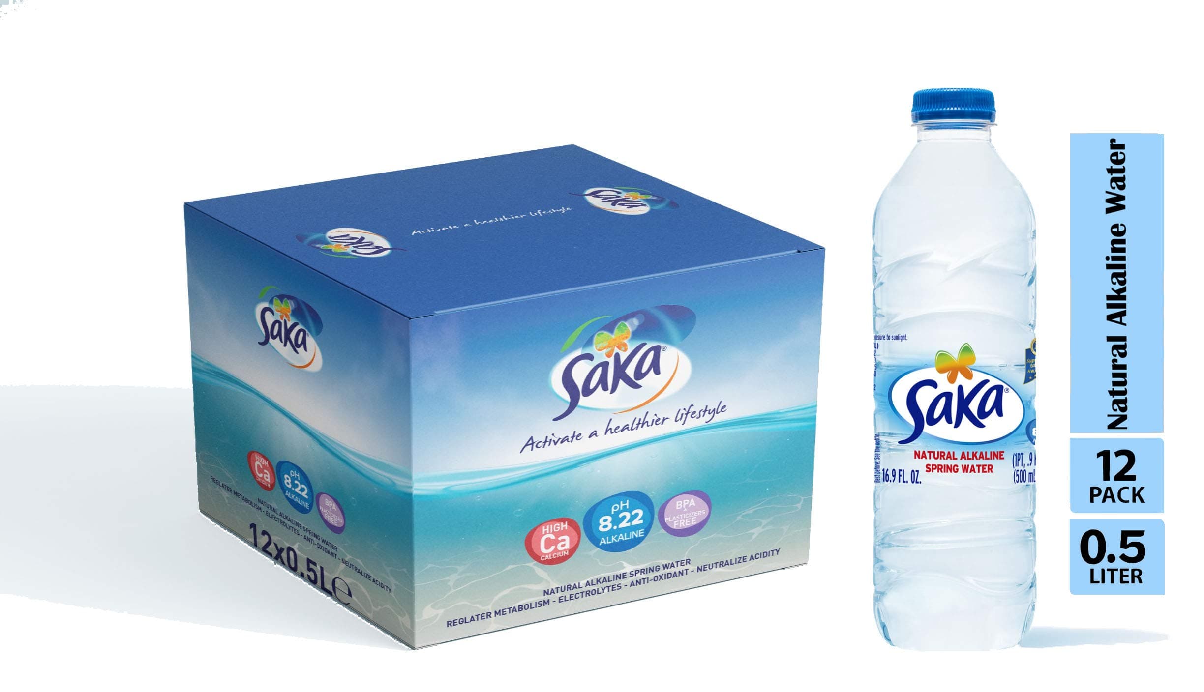 SAKA Spring Water Bottles; 12 Pack 16.9 Fl. Oz (12x 0.5L) Natural Alkaline Bottled Water; 8.22 pH Water; Electrolytes for Taste; Better Re-hydration; Pure Drinking Water …