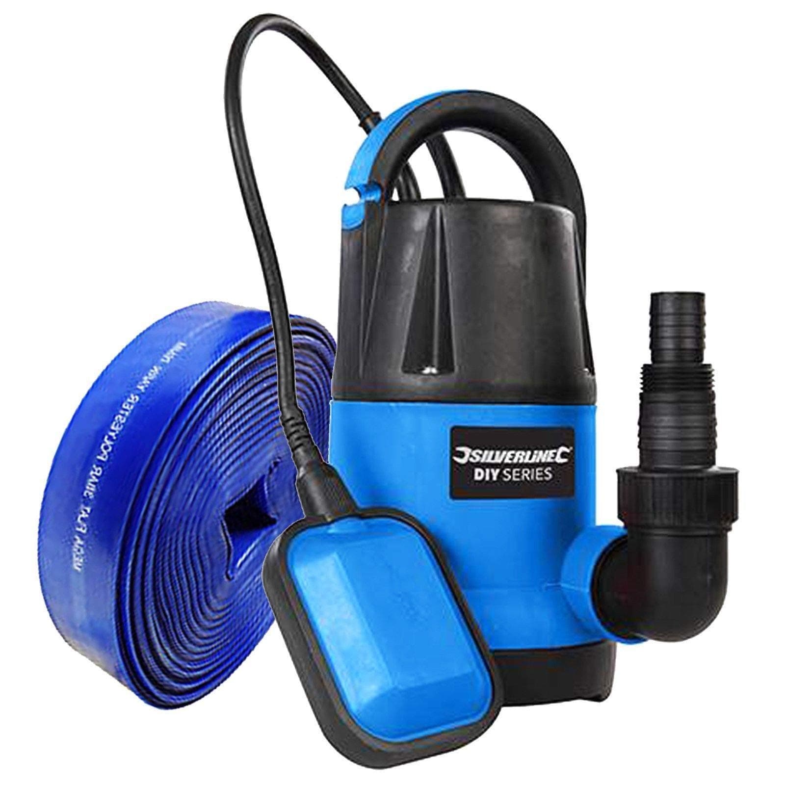 Submersible 250W Water Pump + 5 metres x 25mm Lay Flat Hose Hot Tub Swimming Pool