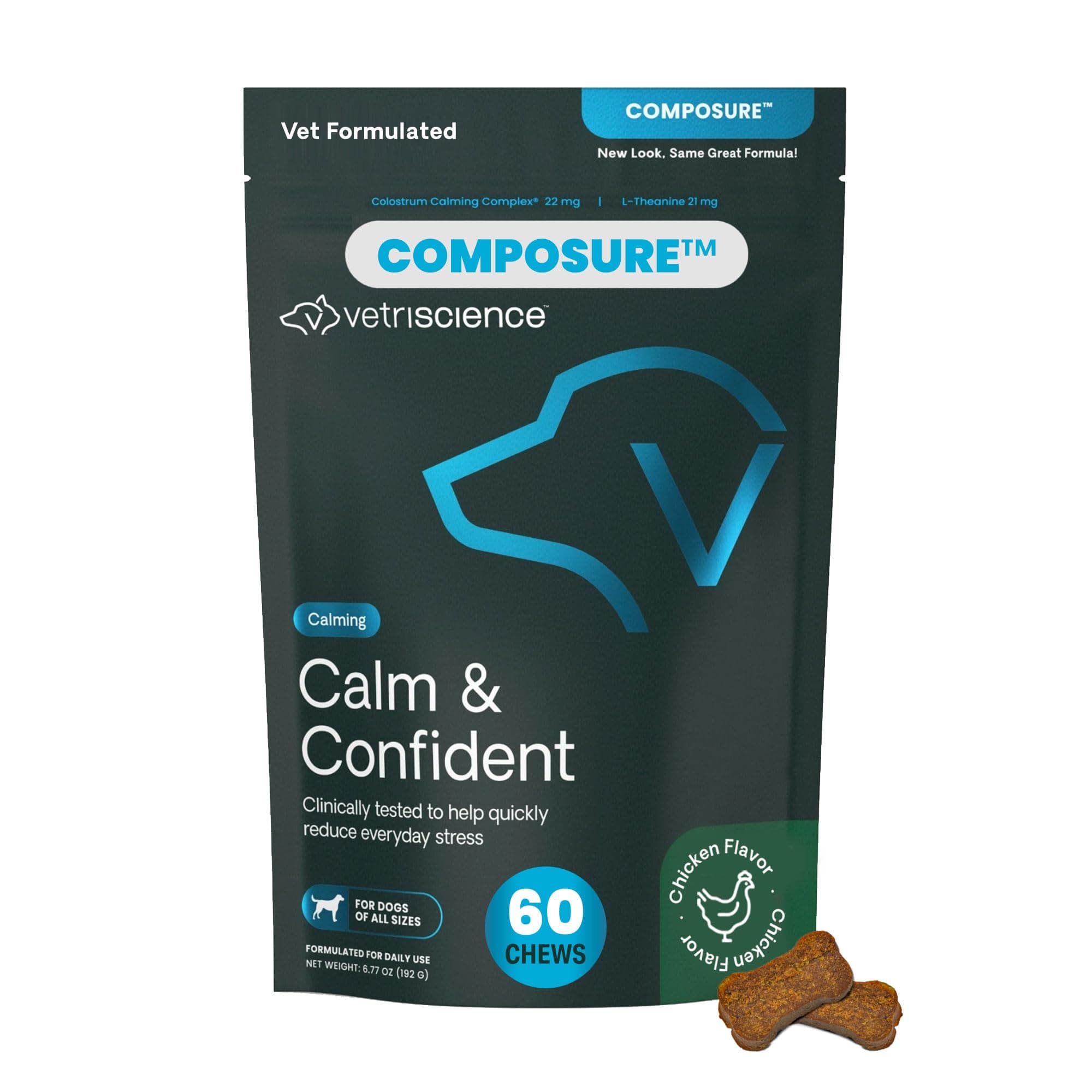 VetriScience Calm & Confident Chews, Composure Clinically Tested Calming and Anxiety Supplement for Dogs, Reduce Stress and Fear, Ideal for Thunderstorms, Fireworks and Travel, Chicken, 60 Count
