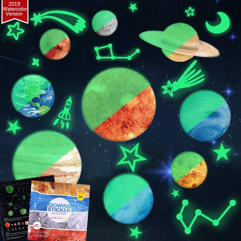 Homics Glow in The Dark Planets Wall Decals Peel and Stick Solar System Watercolor Wall Stickers 9 Planets with Lots of Funny Stars Luminous DIY Nursery Wall Decor for Kids