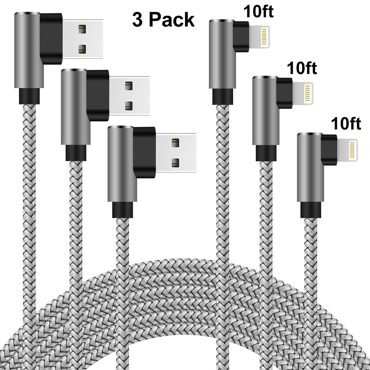 iPhone Charger 10ft 90 Degree Lightning Cable 3 Pack iPhone Charging Cable Right Angle Nylon Braided Fast Charger Cord Compatible with iPhone 12 11 Xs MAX XR X 8 7 6s (Grey)