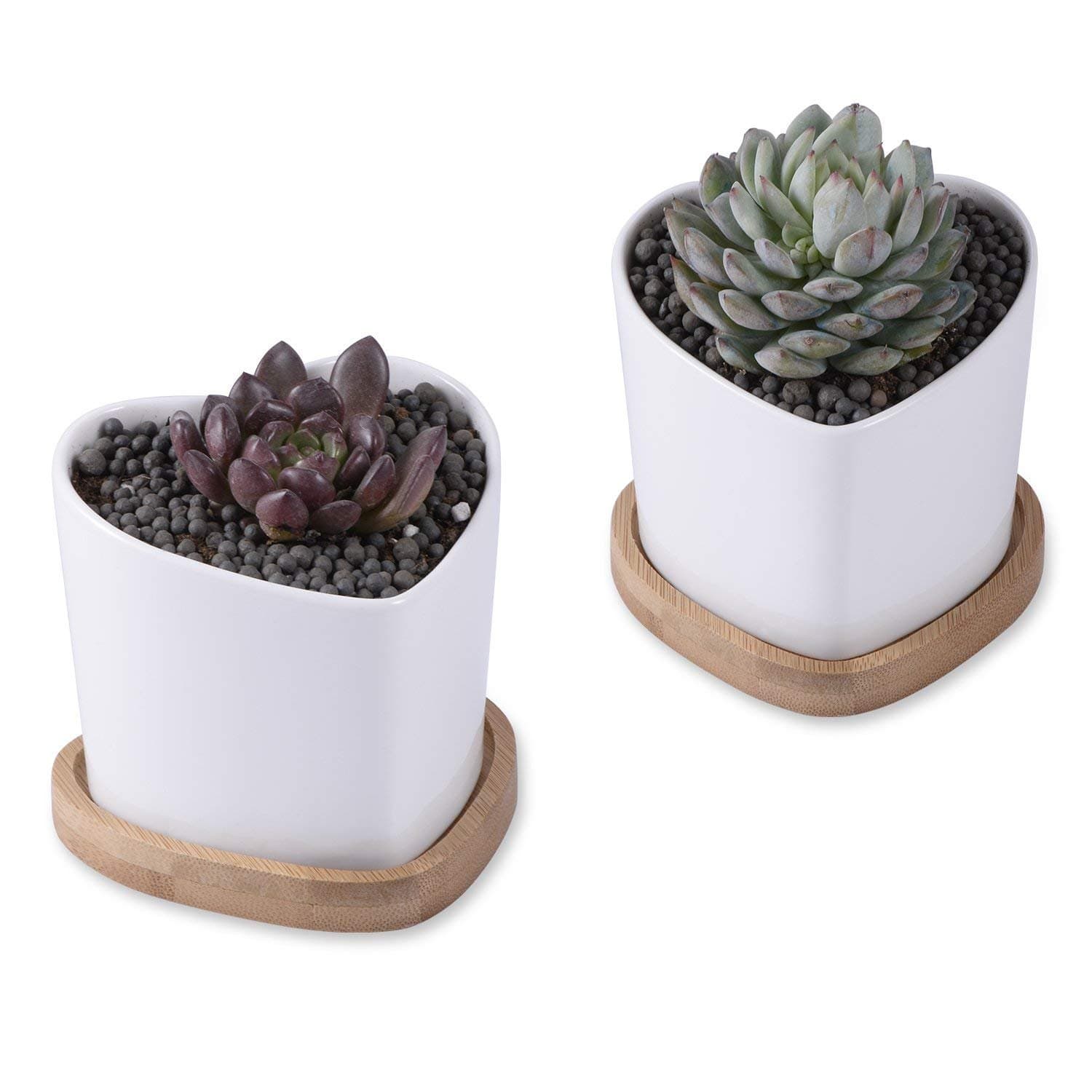 Succulent Plant Pots, Kearui 3.5 inches Heart Shaped Succulent Pots/Cactus Plant Pots with Bamboo Tray - Set of 2