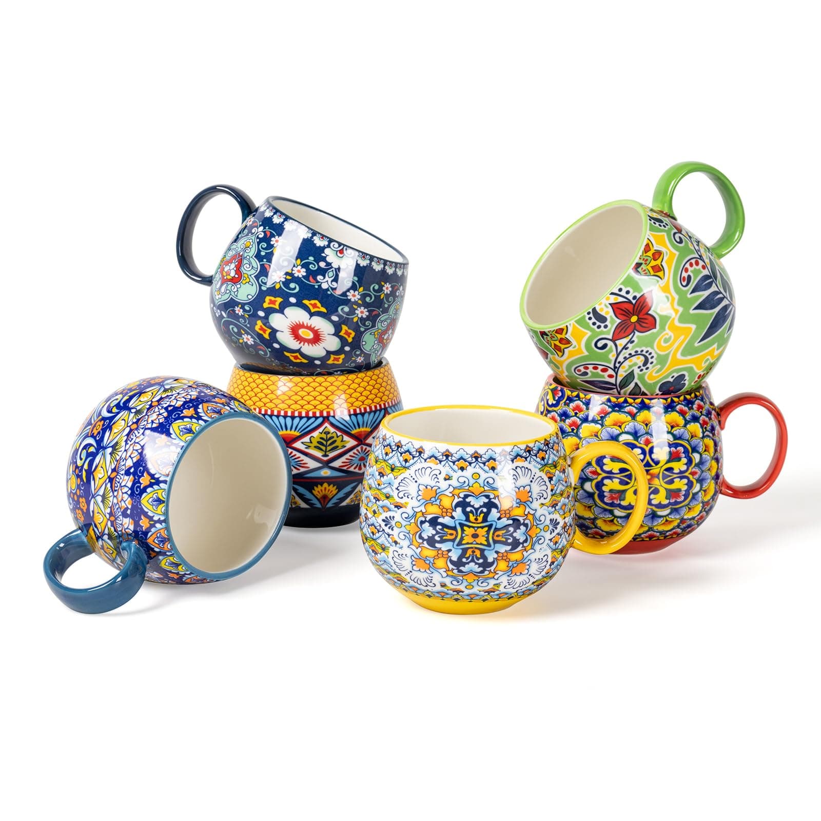 Cappuccino Cups Set, 600ml Porcelain Coffee Cups with Handle, 6 Pack of Porcelain Cups for Tea Coffee Milk Cappuccino with Pattern and Colourful - Bohemian Style