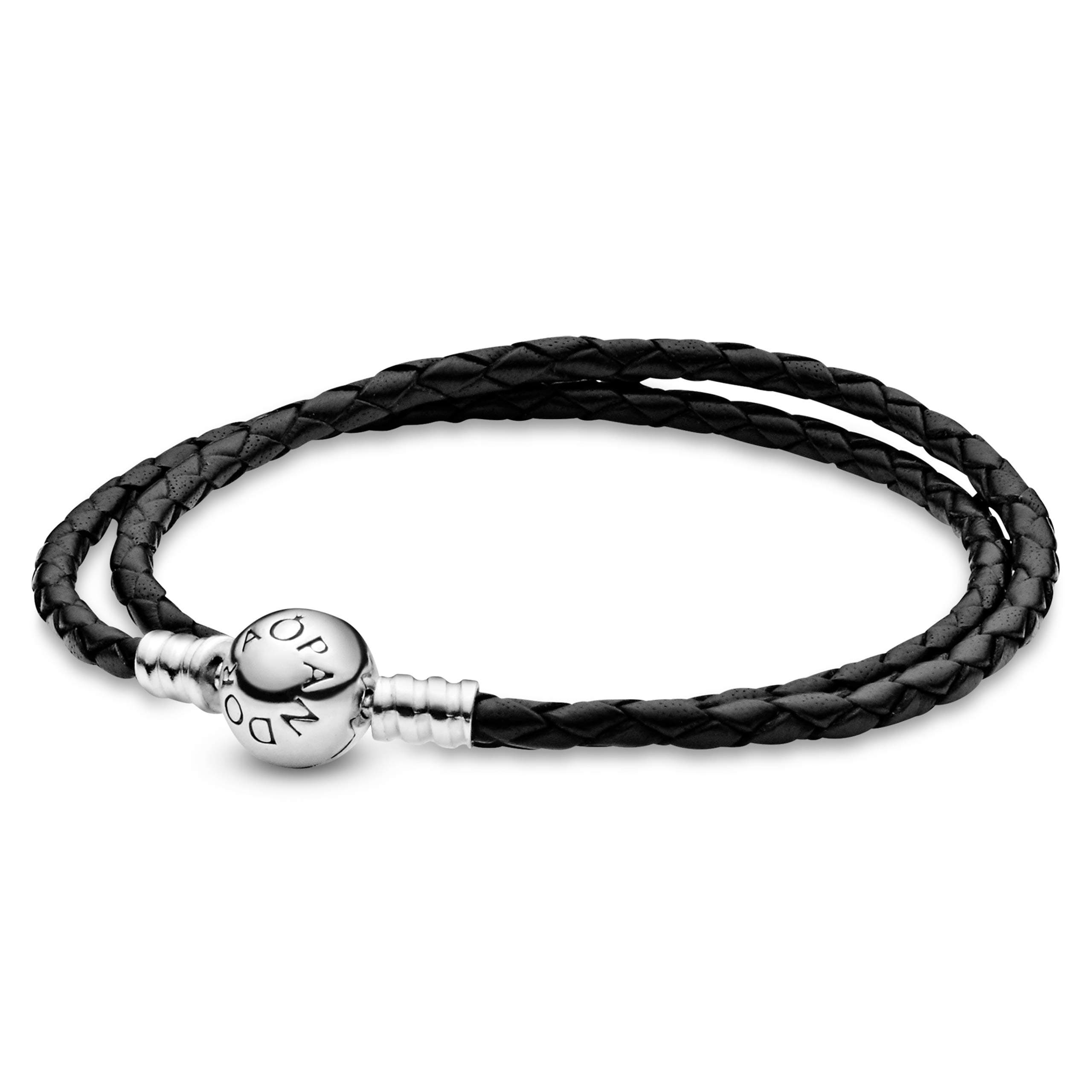 PANDORA Jewelry Black Leather Charm Sterling Silver Bracelet