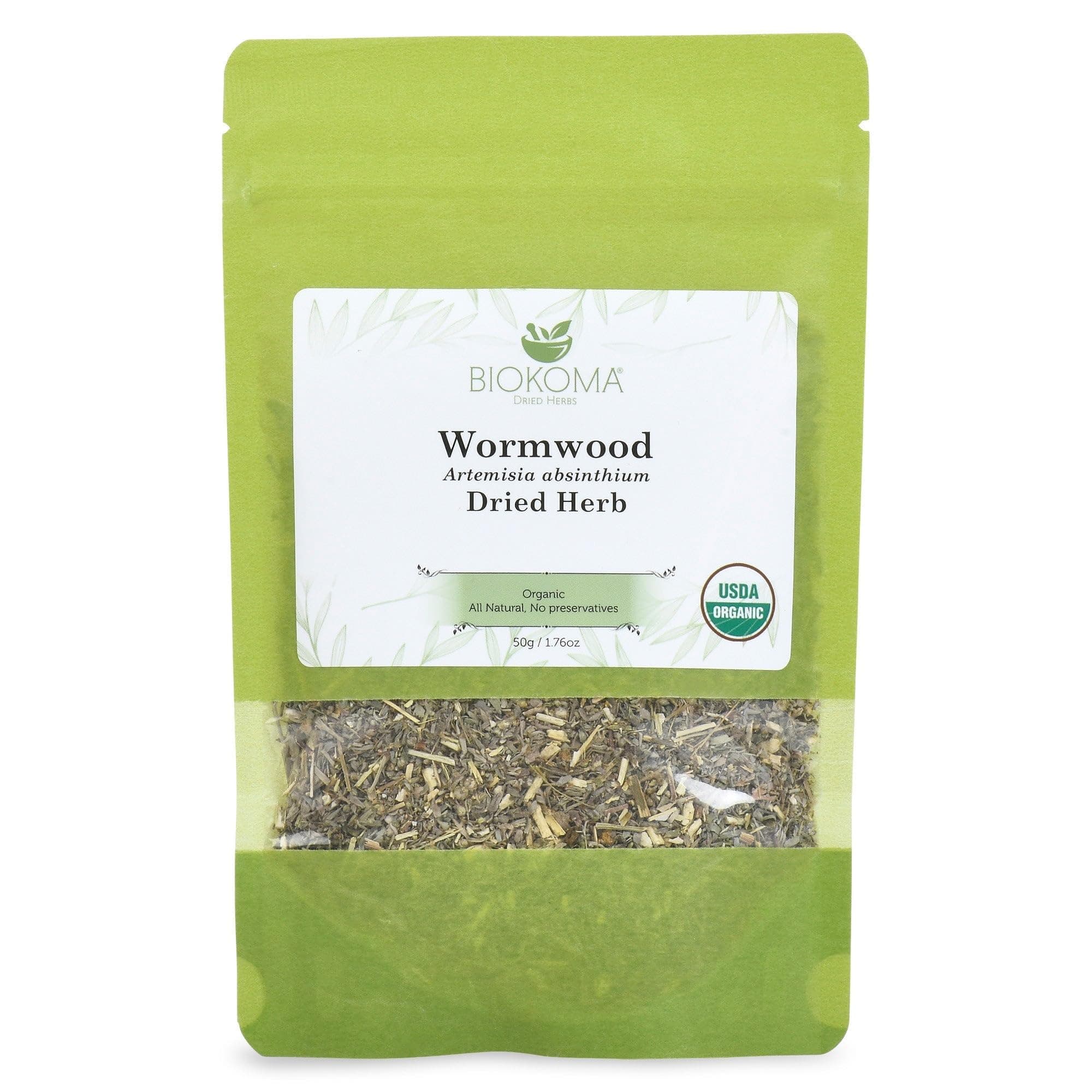 Biokoma Organic Wormwood Dried Herb 50g (1.76oz) - Loose Artemisia absinthium Herbal Tea - USDA Organic - Resealable Moisture Proof Pouch - No Additives - No Preservatives - Non GMO - Kosher