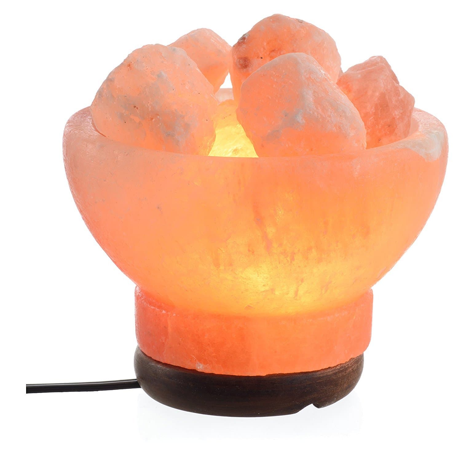 ShartPro Fire Bowl Natural Himalayan Salt Lamp - Handcrafted From Himalayan Rock Salt crystals - Full With Salt Chunks - Wood Base - With 6" UL Cord And Dimmable Switch + 2 Color bulbs, Clear and Red