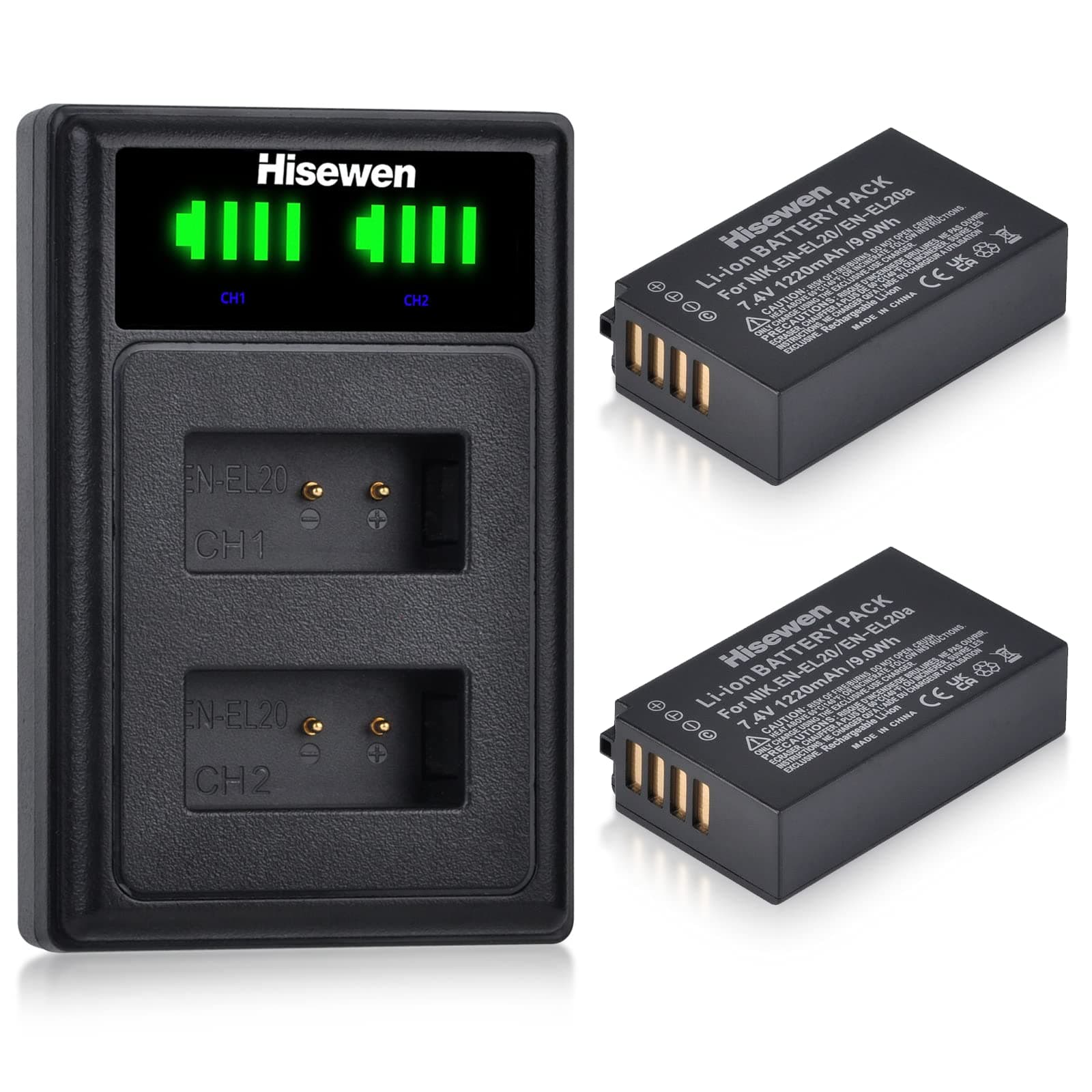 Hisewen EN-EL20 EN-EL20a Battery and Dual Charger, 2Pack 1220mAh Replacement Battery for Nikon Coolpix P1000, P950, 1 AW1, 1 J1, 1 J2, 1 J3, 1 S1, 1 V3, DL24-500, Coolpix A Camera.