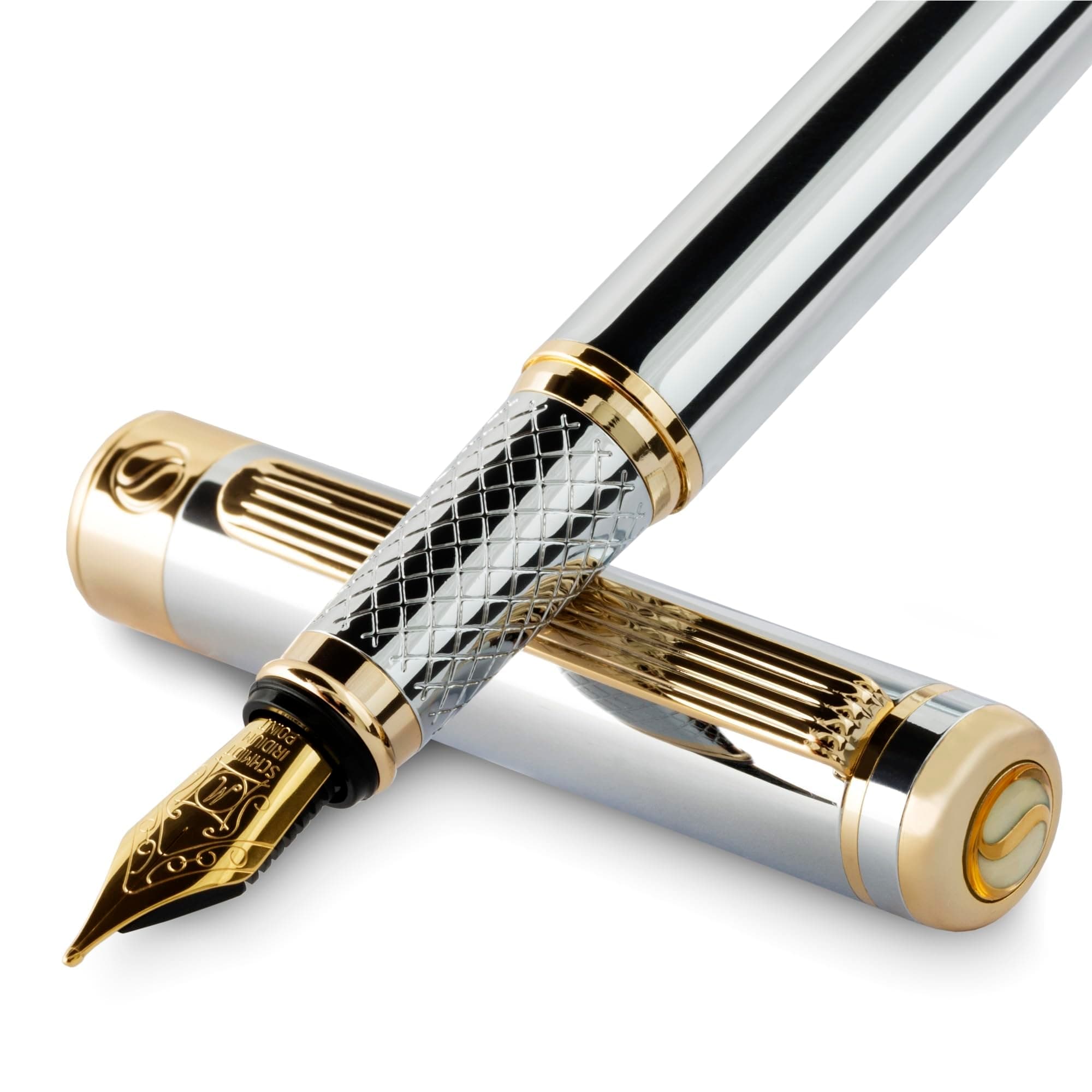 Scriveiner Silver Chrome Fountain Pen - Stunning Luxury Pen, Real Gold Plating, Schmidt Gilded Nib (Medium), Best Pen Gift Set for Men & Women, Professional, Executive Office, Nice Designer Pens