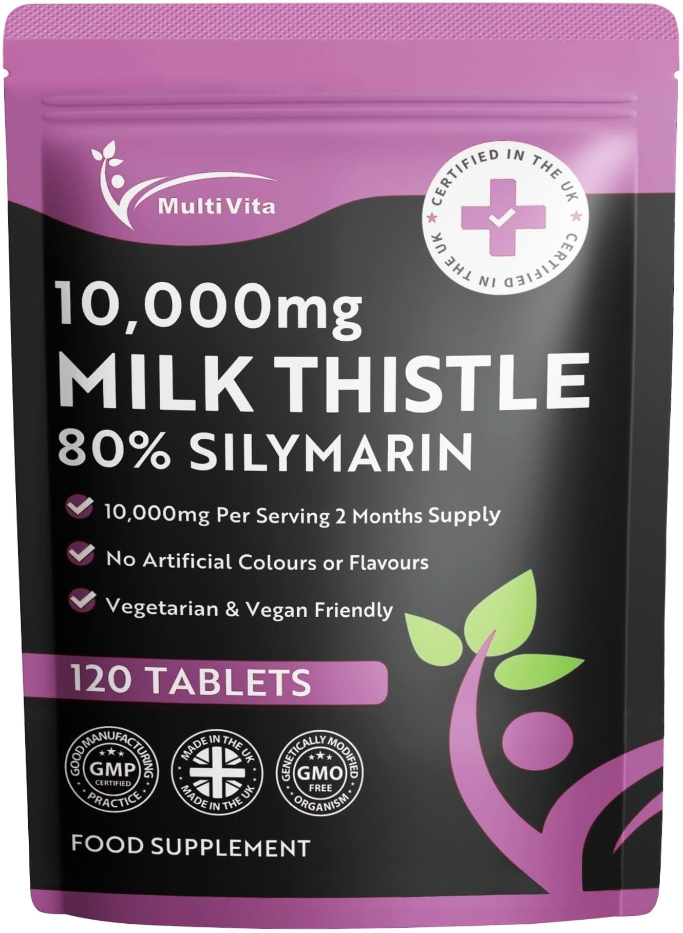 Milk Thistle Tablets 80% Silymarin High Strength 10,000mg Per Serving 2 Months Supply, 120 Vegan Tablets - Milk Thistle Capsules Alternative - Premium Supplement Made in UK