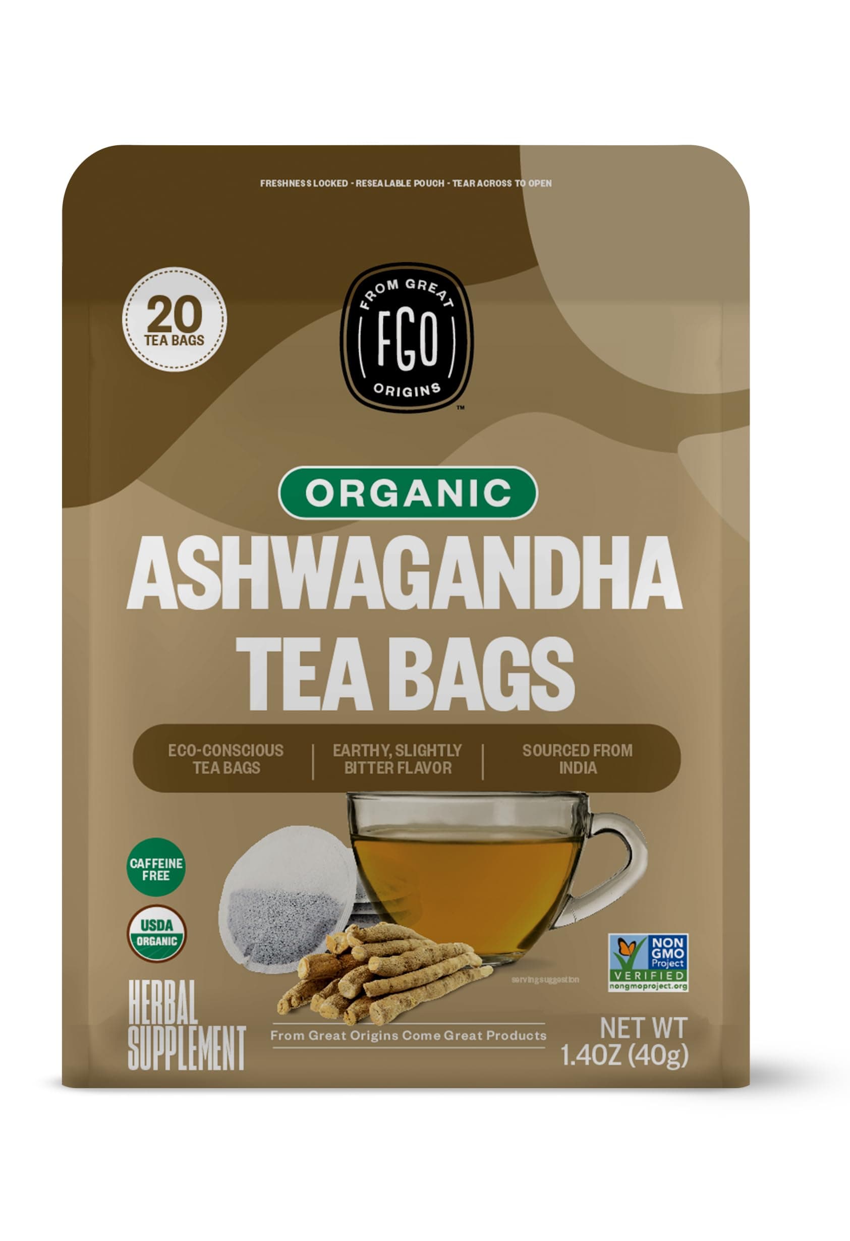 FGO Organic Ashwagandha Tea, 20 Count, Eco-Conscious Herbal Tea Bags, Resealable Bag, Caffeine Free, Packaging May Vary (Pack of 1)
