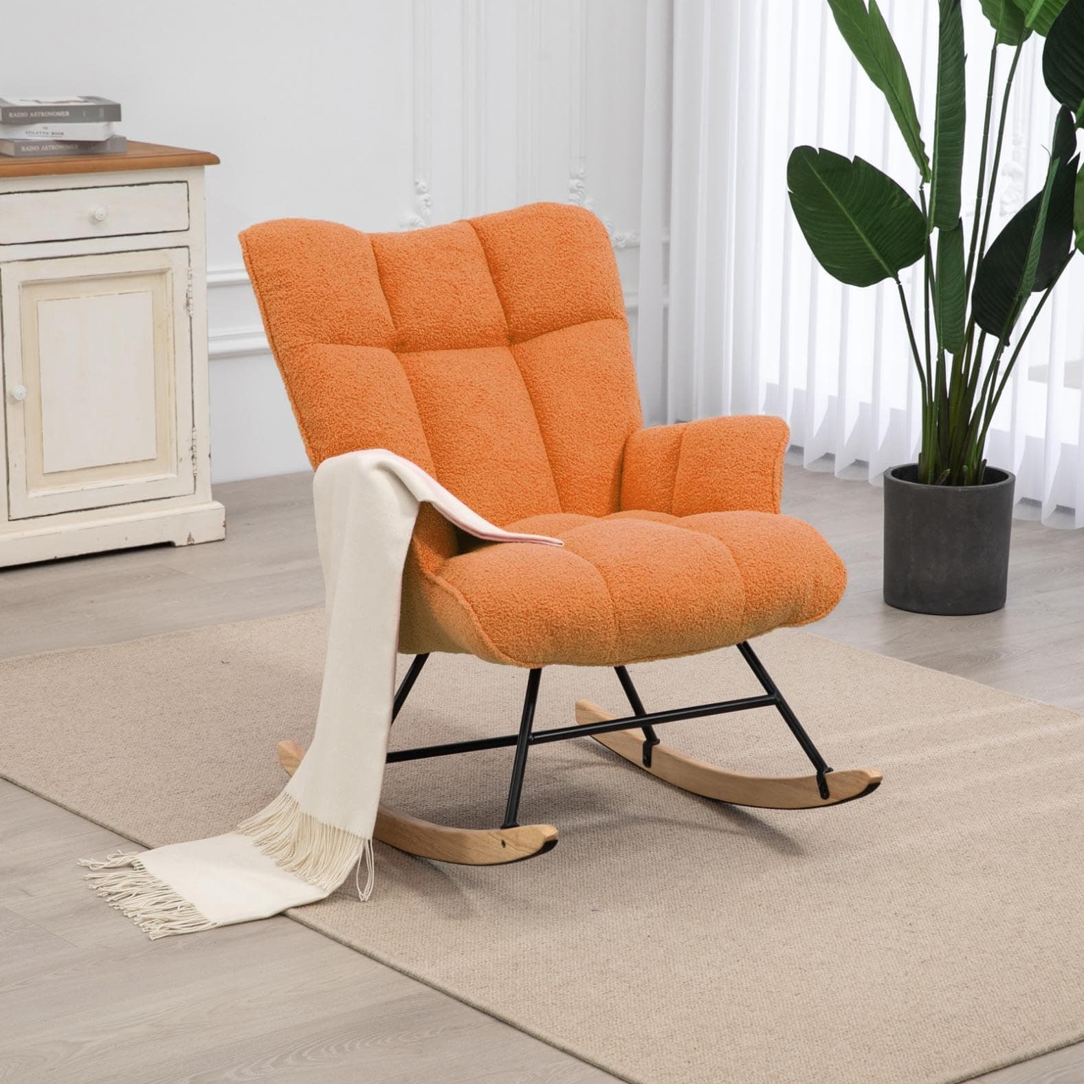 Rocking Chair Nursery Teddy Upholstered Glider Rocker Rocking Accent Chair Padded Seat with High Backrest Armchair Comfy Side Chair for Living Room Bedroom Offices (Orange Teddy)
