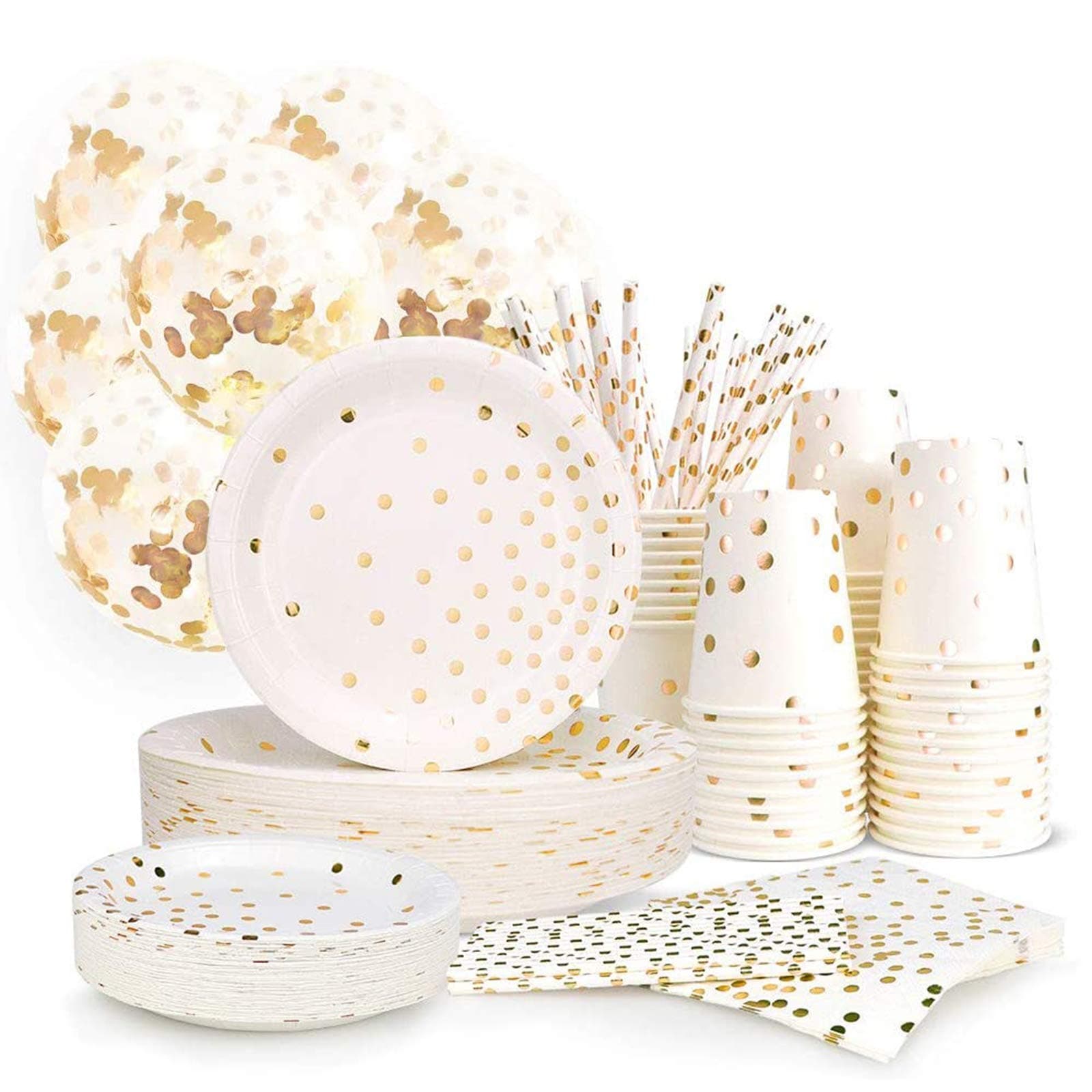 300PCS Gold Paper Party Supplies - Disposable Paper Plates Dinnerware Set Gold Dots 50 Dinner Plates 50 Dessert Plates 50 Cups 50 Napkins 50 Straws 50 Balloons Birthday Party Wedding Holiday