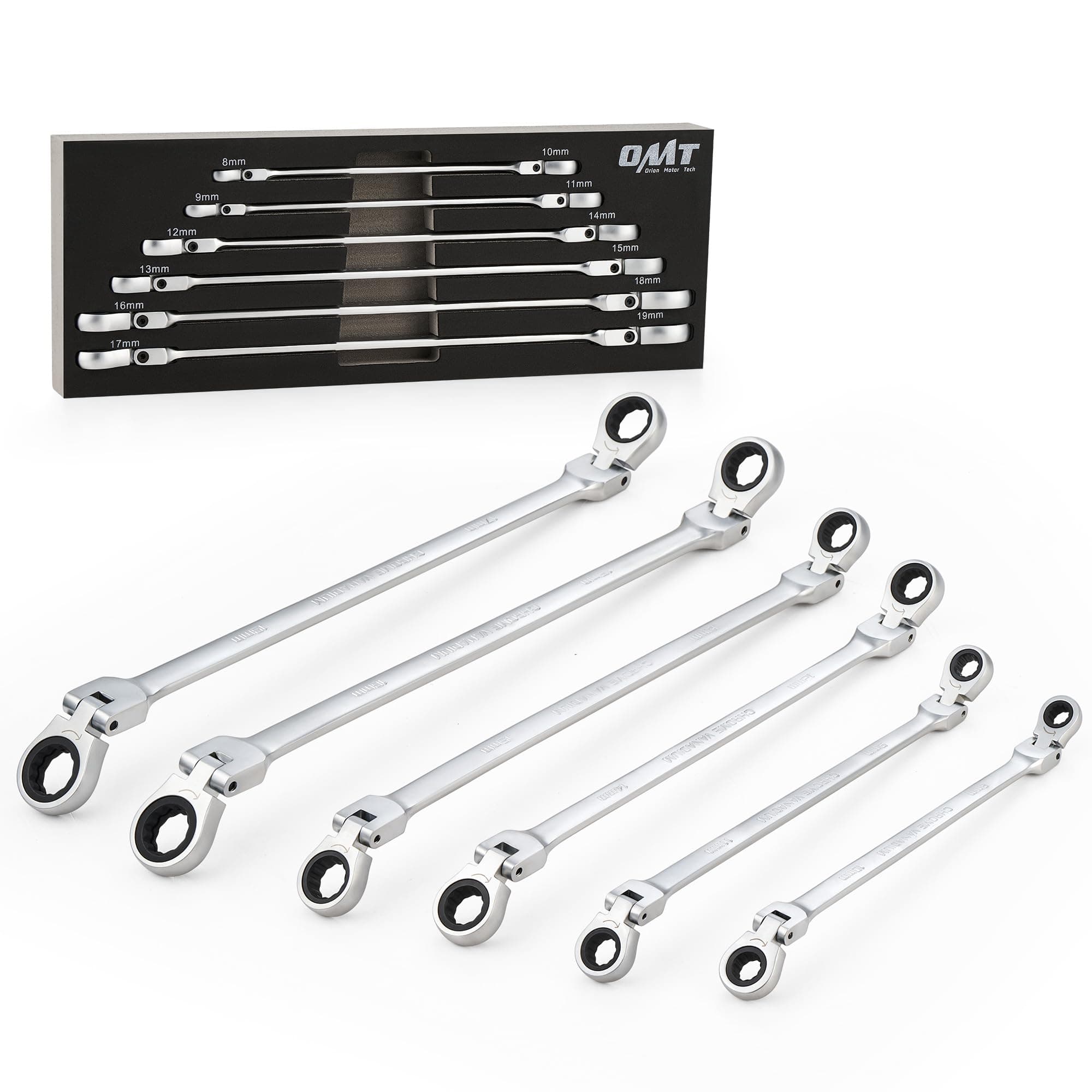Orion Motor Tech 6-Piece Ratcheting Wrench Set, Metric 8-19 mm Flex Head Ratcheting Wrench Set, Extra Long Ratchet Wrench Set with 72 Tooth Gear & Double Box End