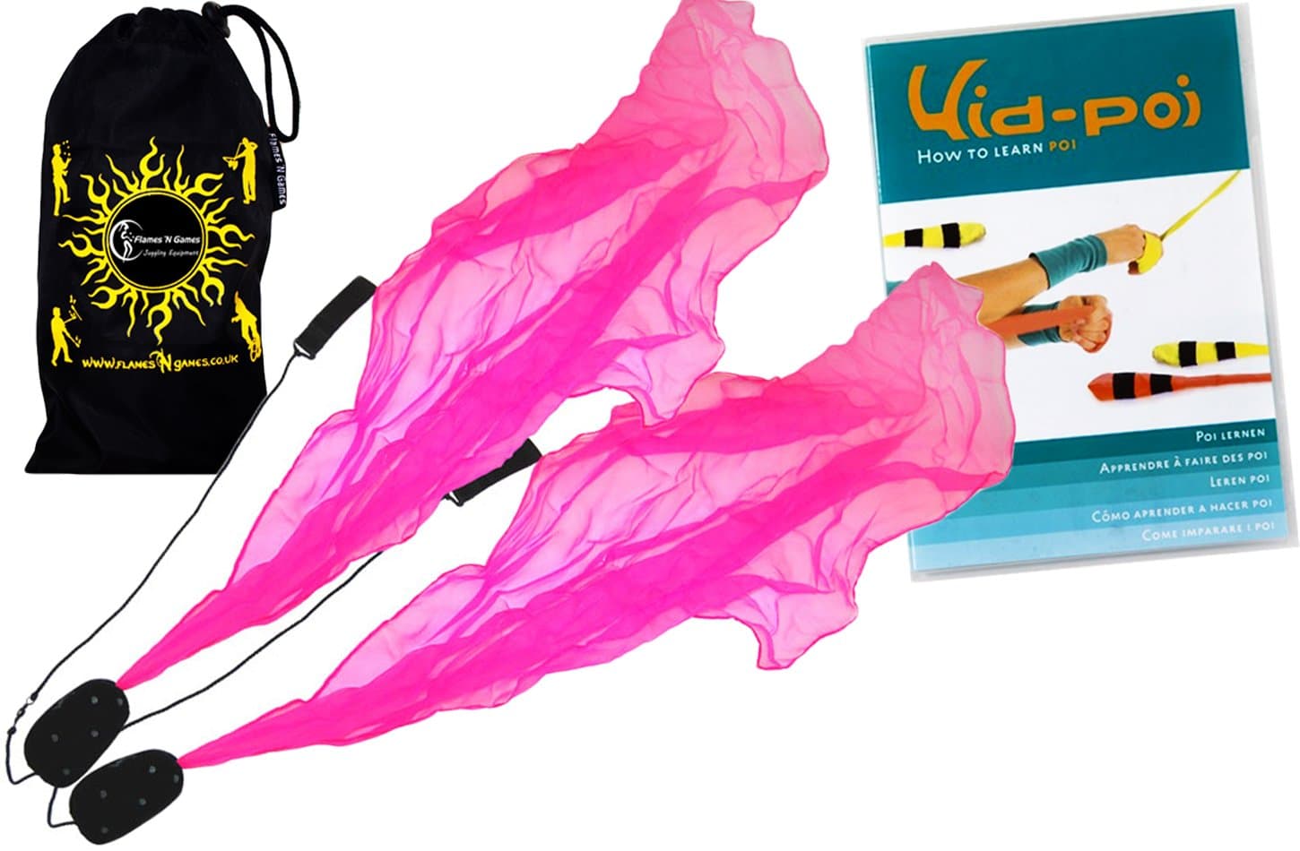 Flames N Games Angel POI Set (Pink) Practice Poi AKA Scarf Spiral Poi + Kid Poi DVD + Travel Bag