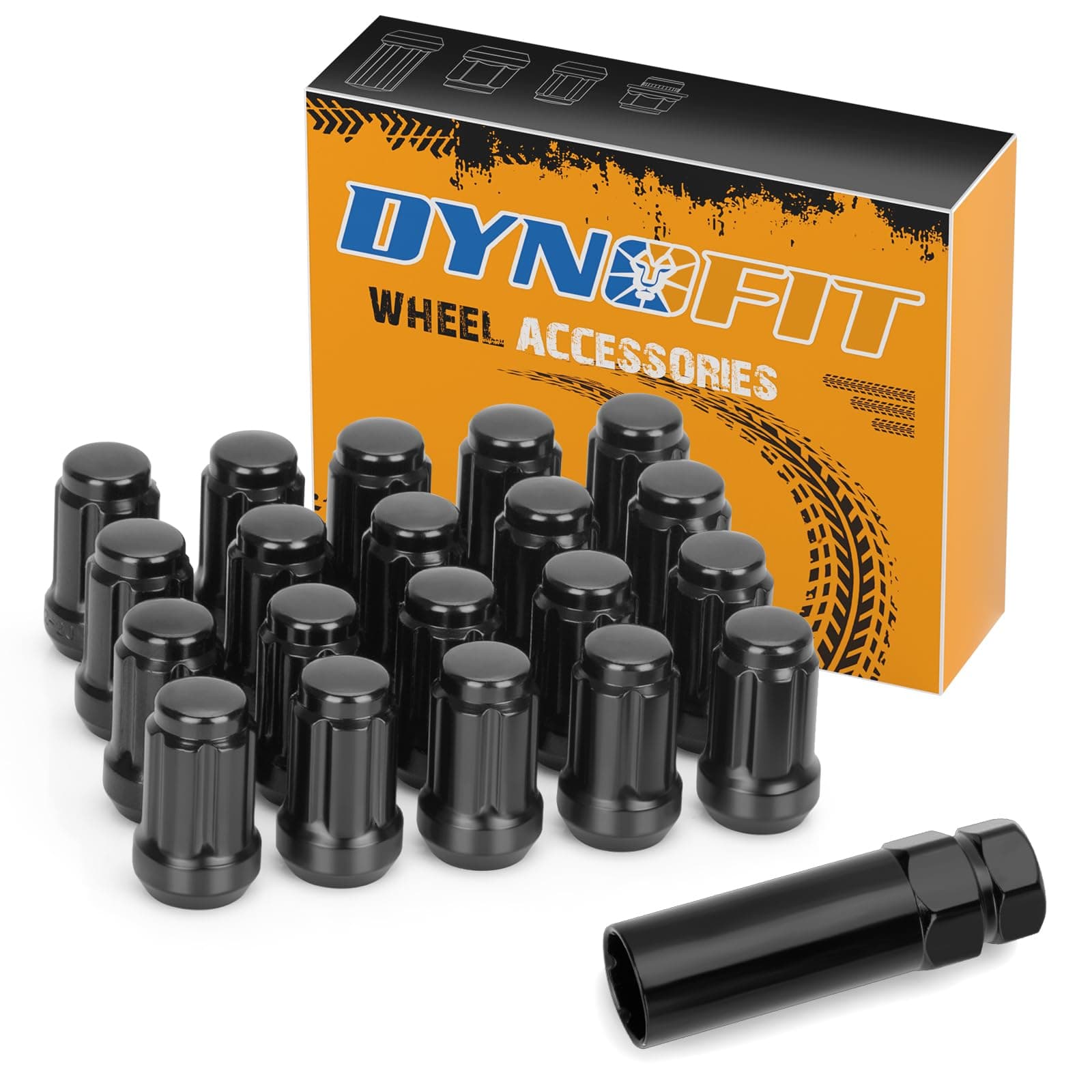 Dynofit 1/2x20 Wheel Lug Nuts, 23 x Black 1/2'-20 Lug nut, 60 Degree Conical/Cone Bulge Seat, Closed End 6 Spline Nut 1.38" Tall 3/4" Hex with 2 Keys Fits Dodge Jeep Ford Lincoln, Pack of 23 Pcs