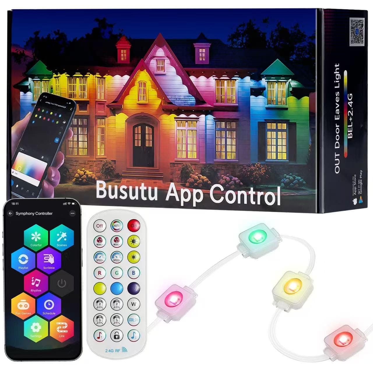 busutu Permanent Outdoor Lights, APP- Contorlled 50ft RGB 30 LED Lamps, IP67 Waterproof, 100 Scene Modes for Christmas Decor, Compatible with Alexa Google Assistant
