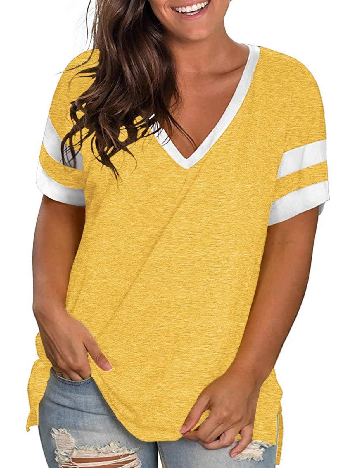 ROSRISS Plus-Size Womens Tops V Neck Color Block Tee Side Split Striped Tunics