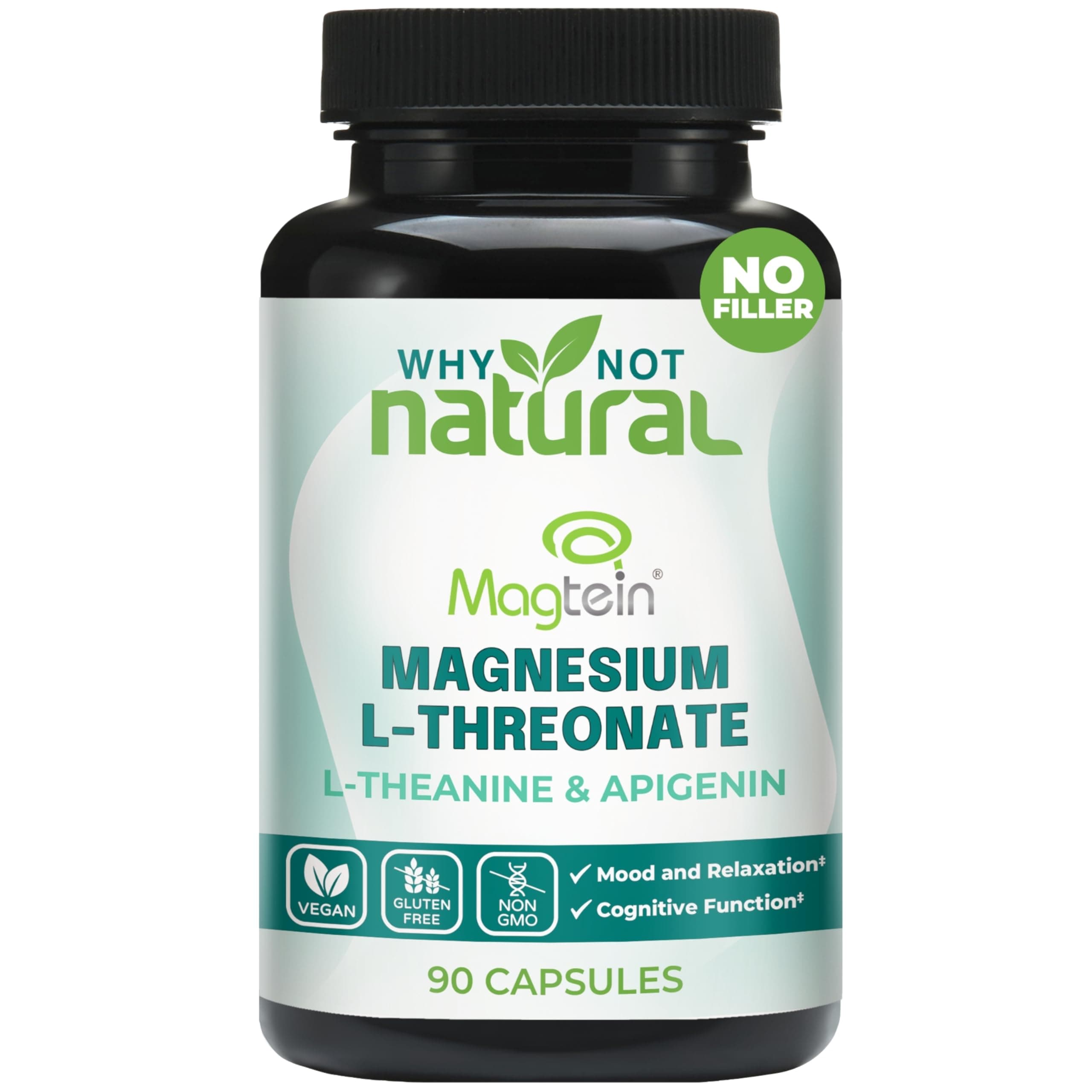 Magnesium L-Threonate Complex with Apigenin and L-theanine, 90 Capsules, Patented Magtein Supplement