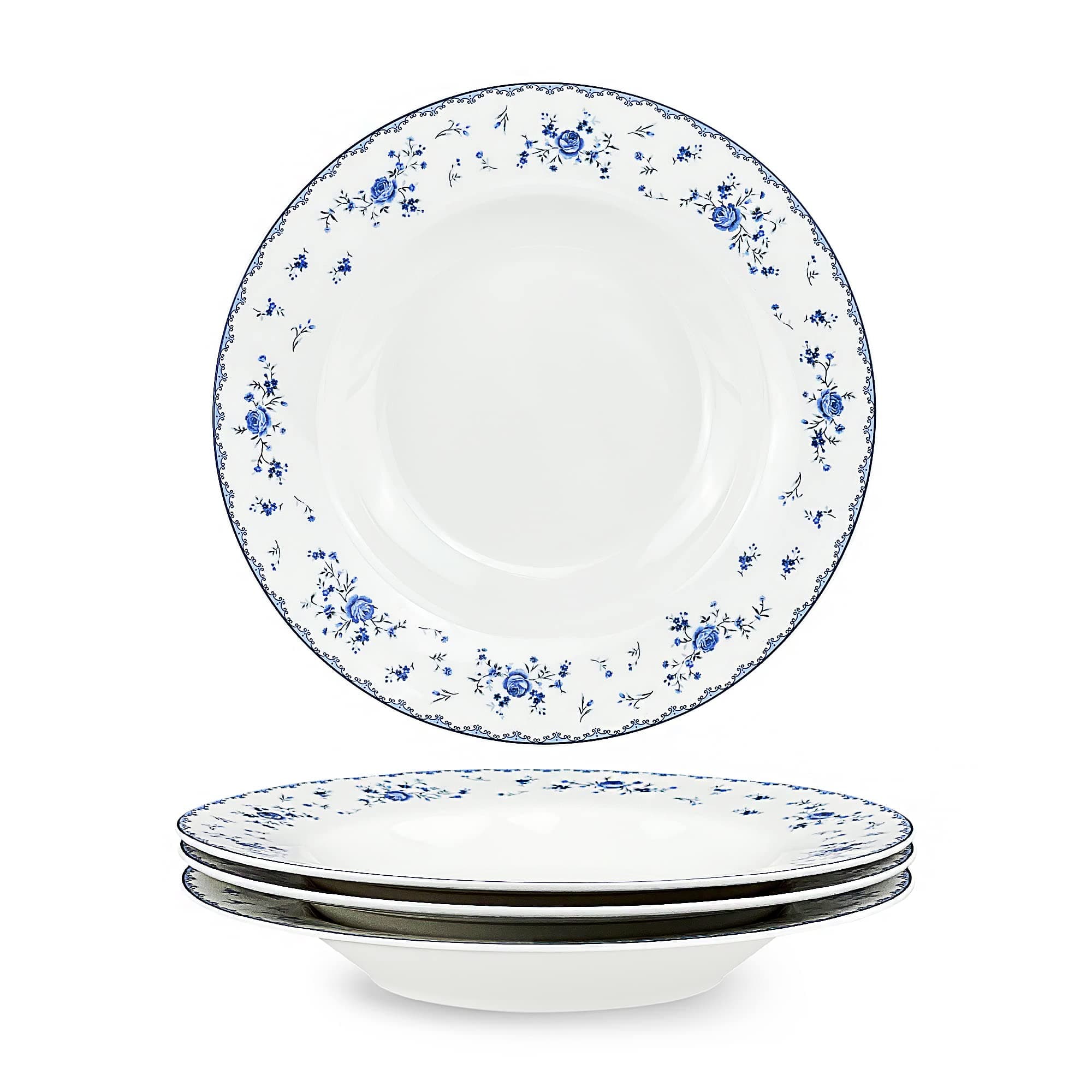 fanquare 8 Inch Porcelain Soup Bowls Set of 4, Round Pasta Plates Set for Salad, Dessert, Snack, Blue Roses