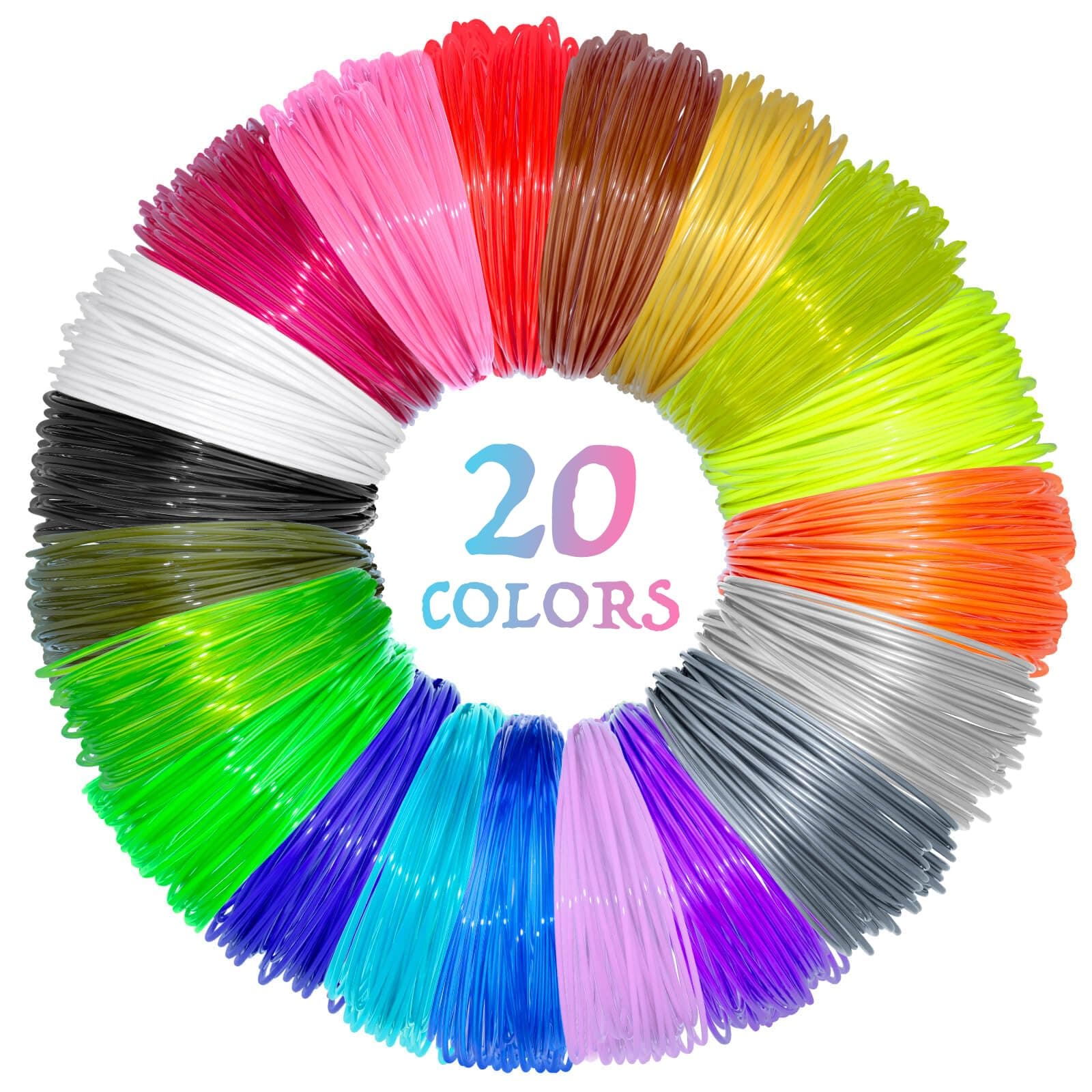 20 Colors 3D Pen PLA Filament Refills, 1.75mm Premium Printing Filament for 3D Printer/ 3D Pen, Each Color 16 Feet, Total 320 feet, with 2 Finger Caps